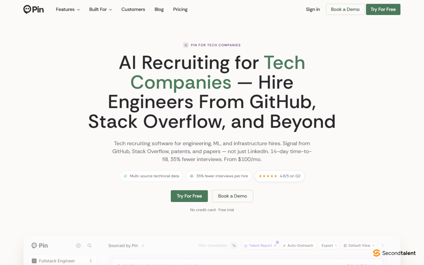 Pin page headed AI Recruiting for Tech Companies, Hire Engineers From GitHub, Stack Overflow, and Beyond, citing a 14-day time-to-fill.