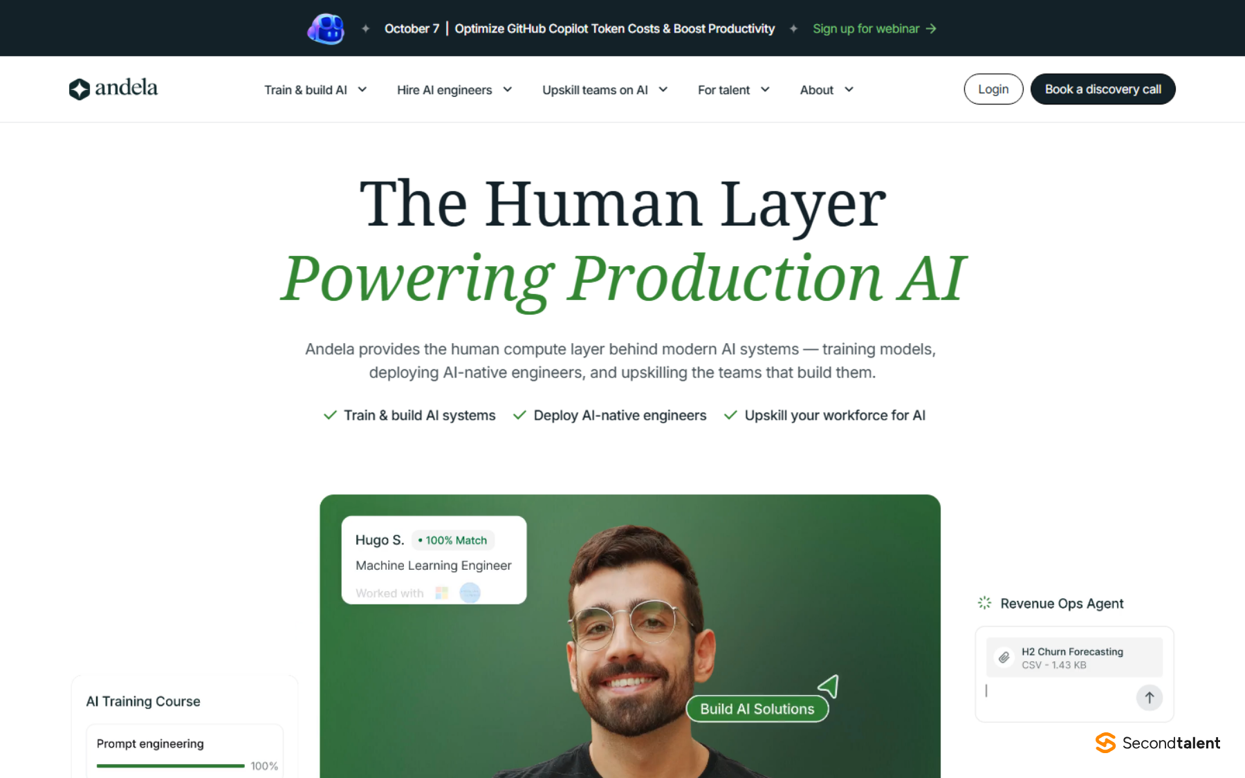 Andela homepage headed The Human Layer Powering Production AI, offering to train AI systems, deploy AI-native engineers and upskill teams.