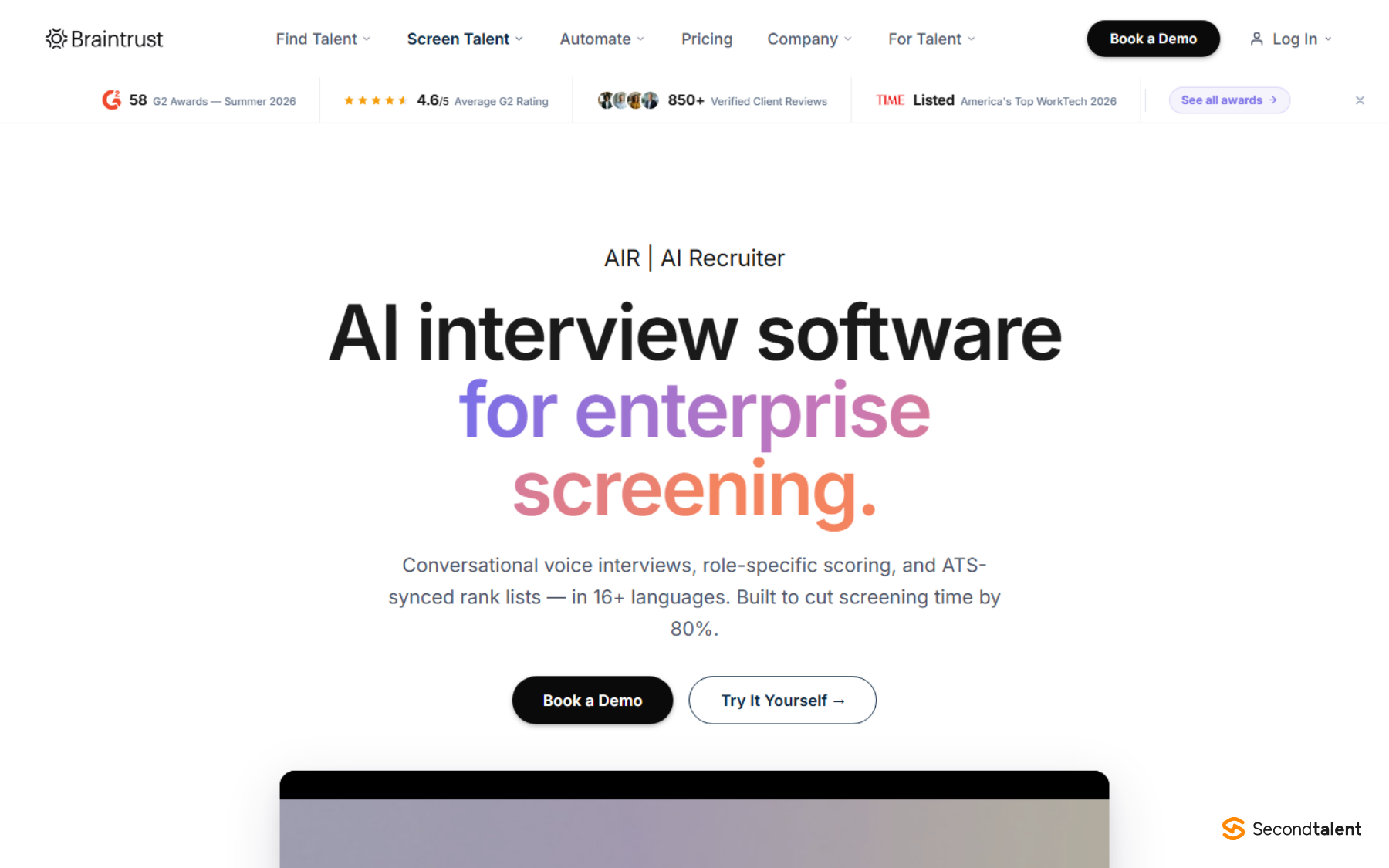 Braintrust AIR page headed AI interview software for enterprise screening: conversational voice interviews, role-specific scoring and ATS-synced rank lists in 16+ languages.