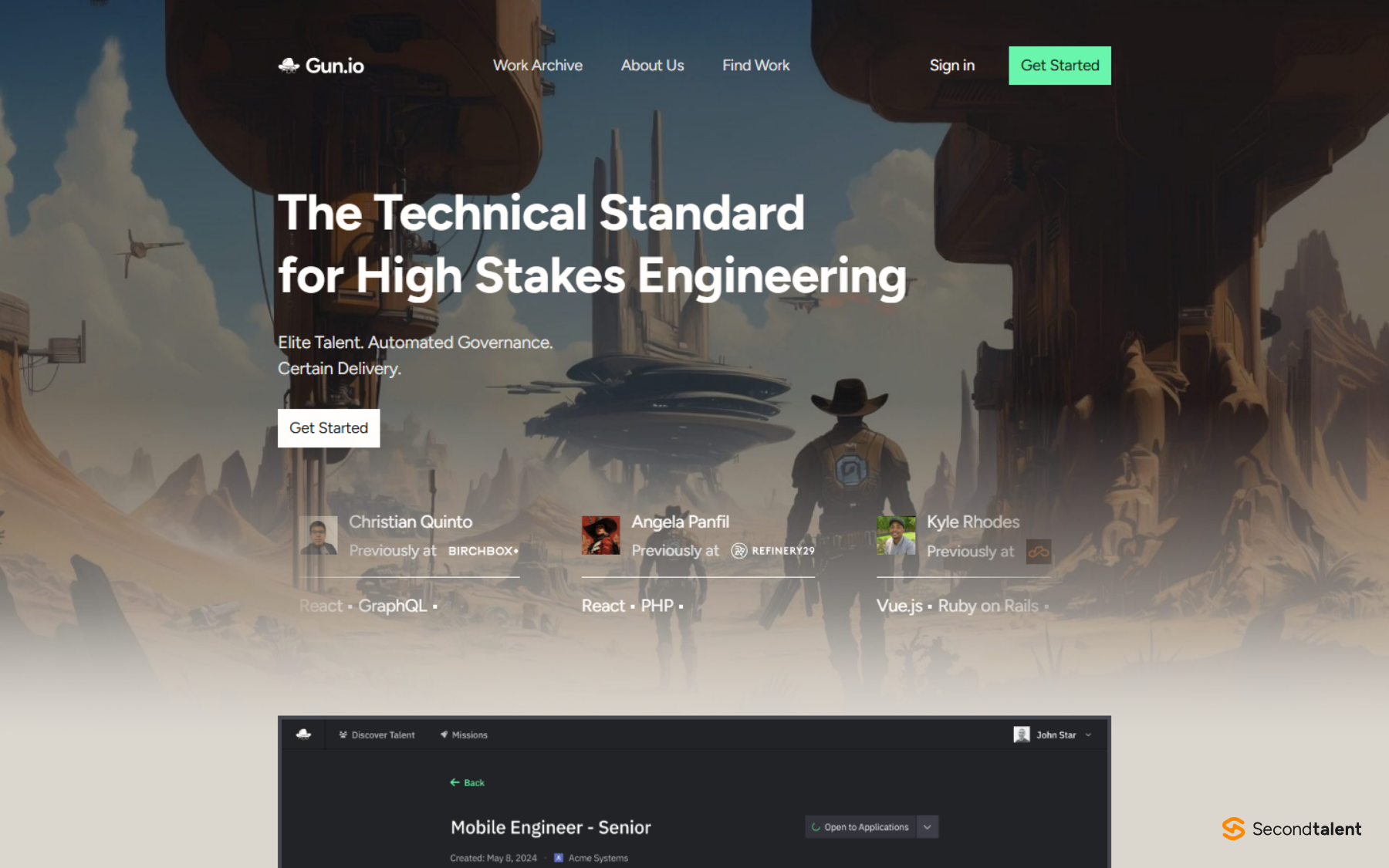 Gun.io homepage headed The Technical Standard for High Stakes Engineering, with sample engineer profiles.