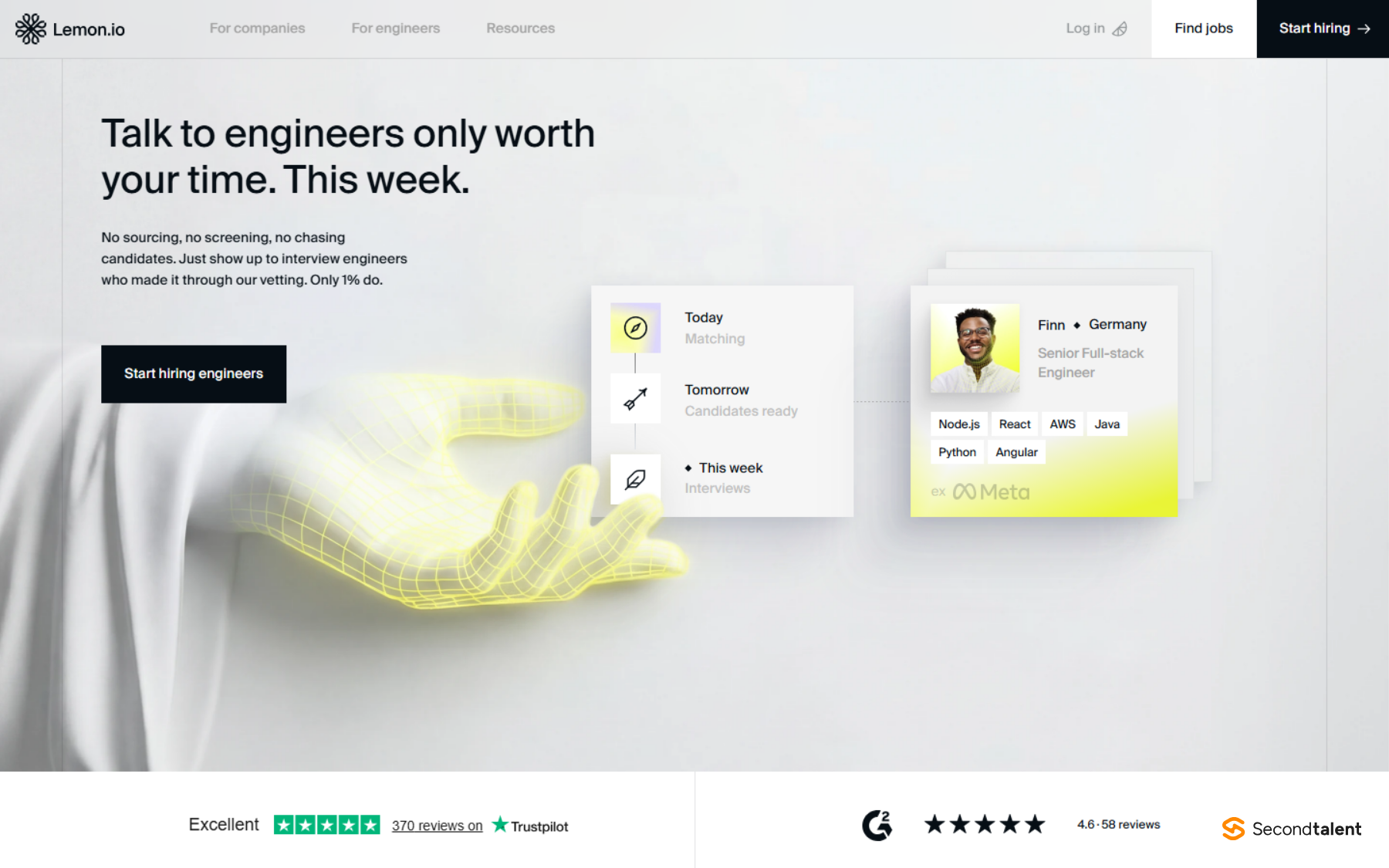 Lemon.io homepage headed Talk to engineers only worth your time. This week, saying only 1% of engineers make it through its vetting.