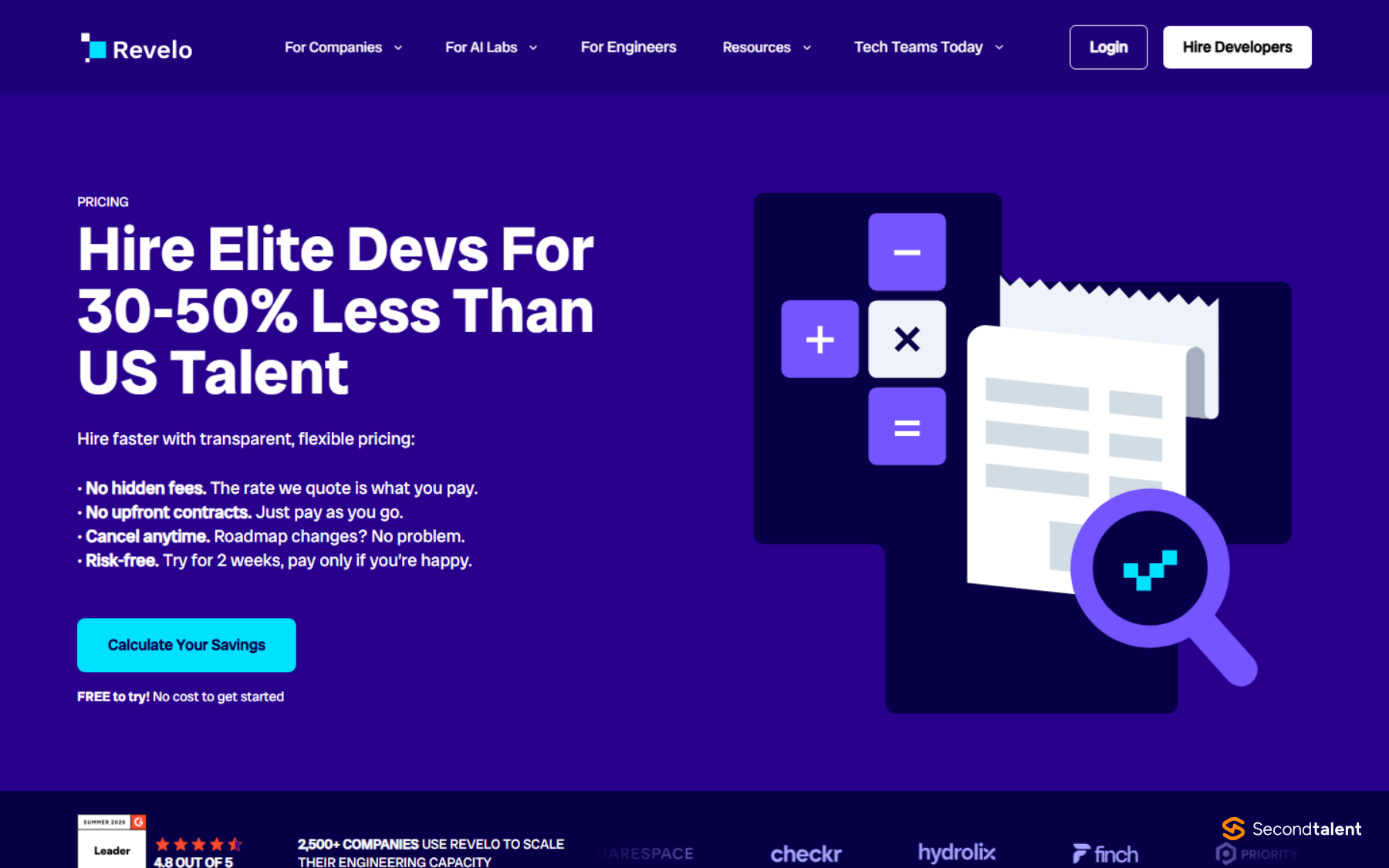 Revelo pricing page headed Hire Elite Devs For 30-50% Less Than US Talent, listing no hidden fees, no upfront contracts, cancel anytime and a 2-week risk-free trial.