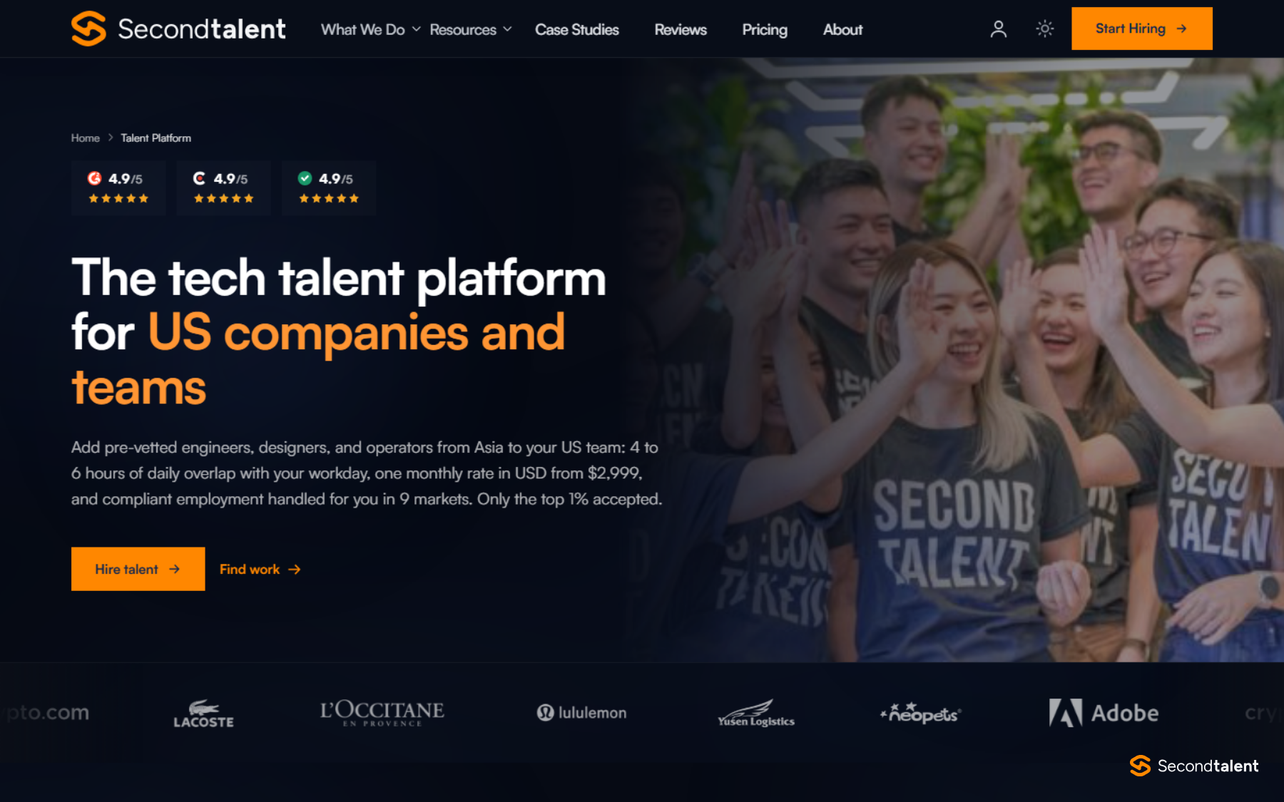 Second Talent's talent platform page for US companies and teams: pre-vetted engineers from Asia, 4 to 6 hours of daily overlap, one monthly rate from $2,999.