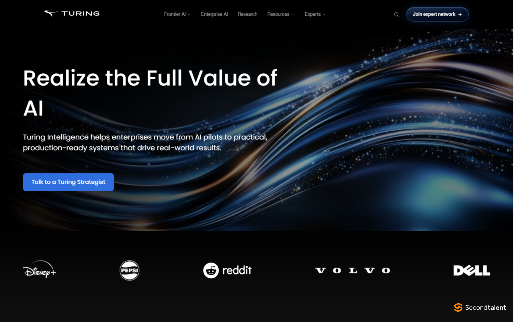 Turing Intelligence page headed Realize the Full Value of AI, with enterprise client logos for Disney+, Pepsi, Reddit, Volvo and Dell.