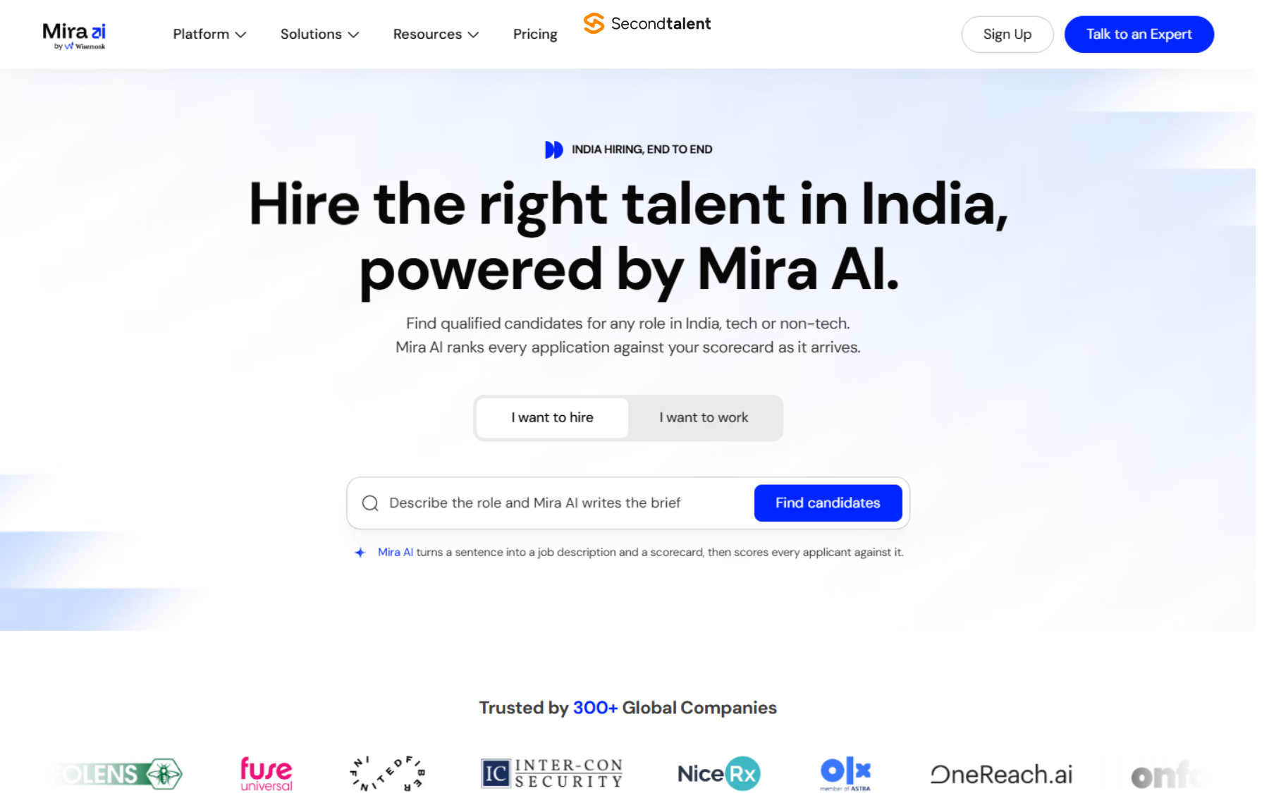 Wisemonk's Mira AI page headed Hire the right talent in India, powered by Mira AI, which ranks every application against your scorecard.