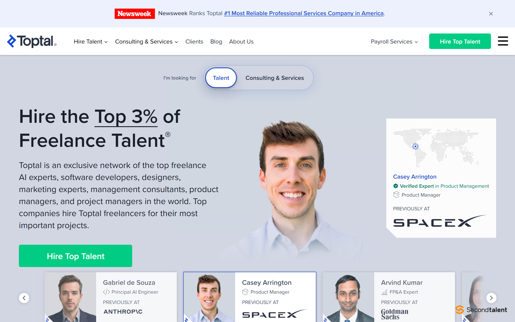 Toptal homepage, 2026