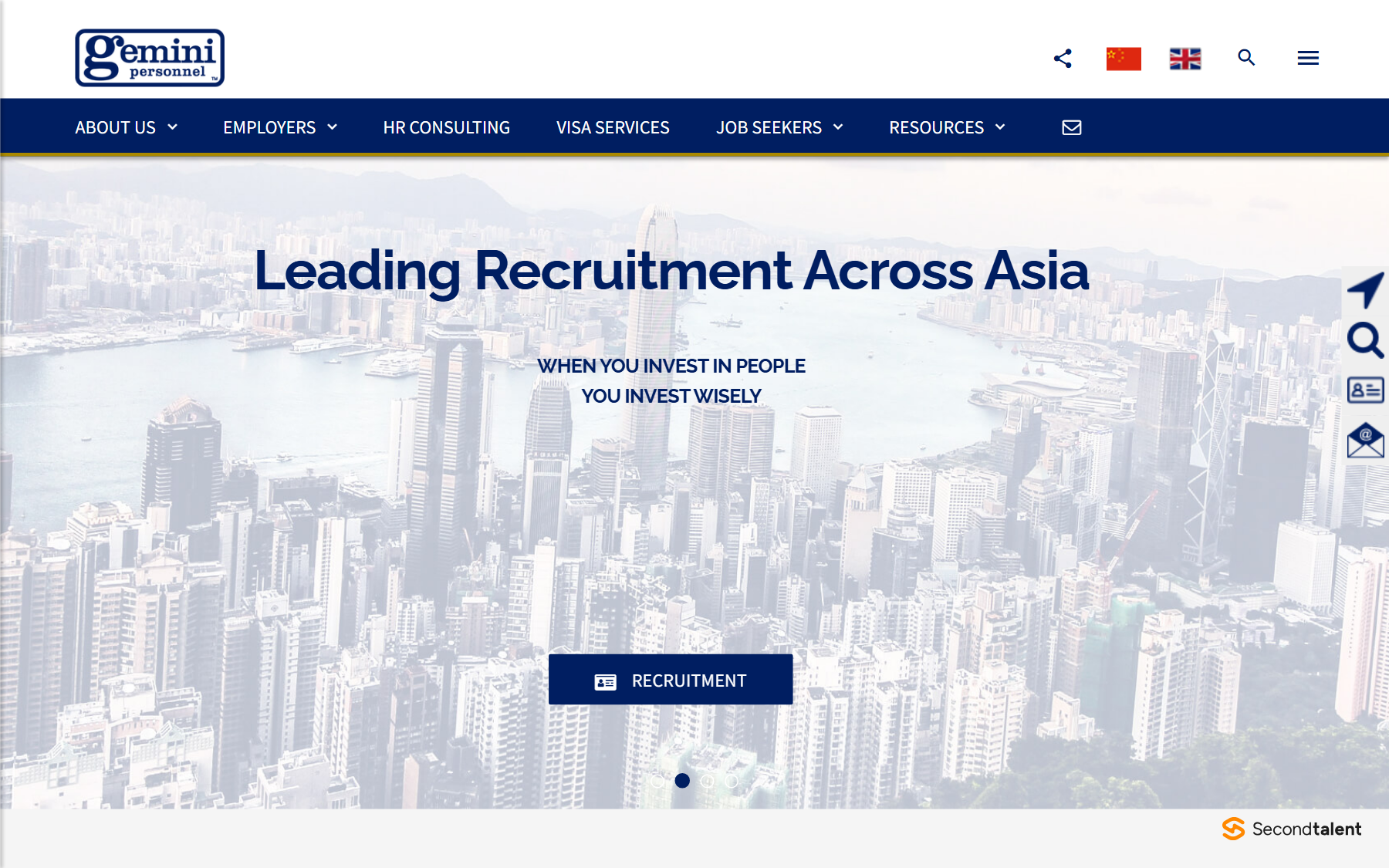Gemini Personnel's homepage, a recruitment firm with search, staffing, payroll and visa services, placing candidates in Asia since 1983.