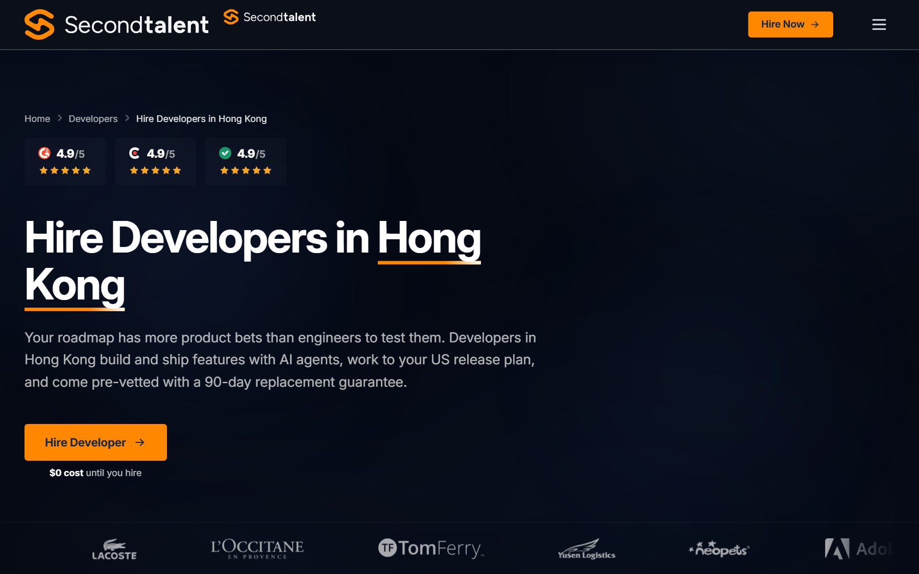 Second Talent's hire developers in Hong Kong page, with pre-vetted developers, a 90-day replacement guarantee and no cost until you hire.