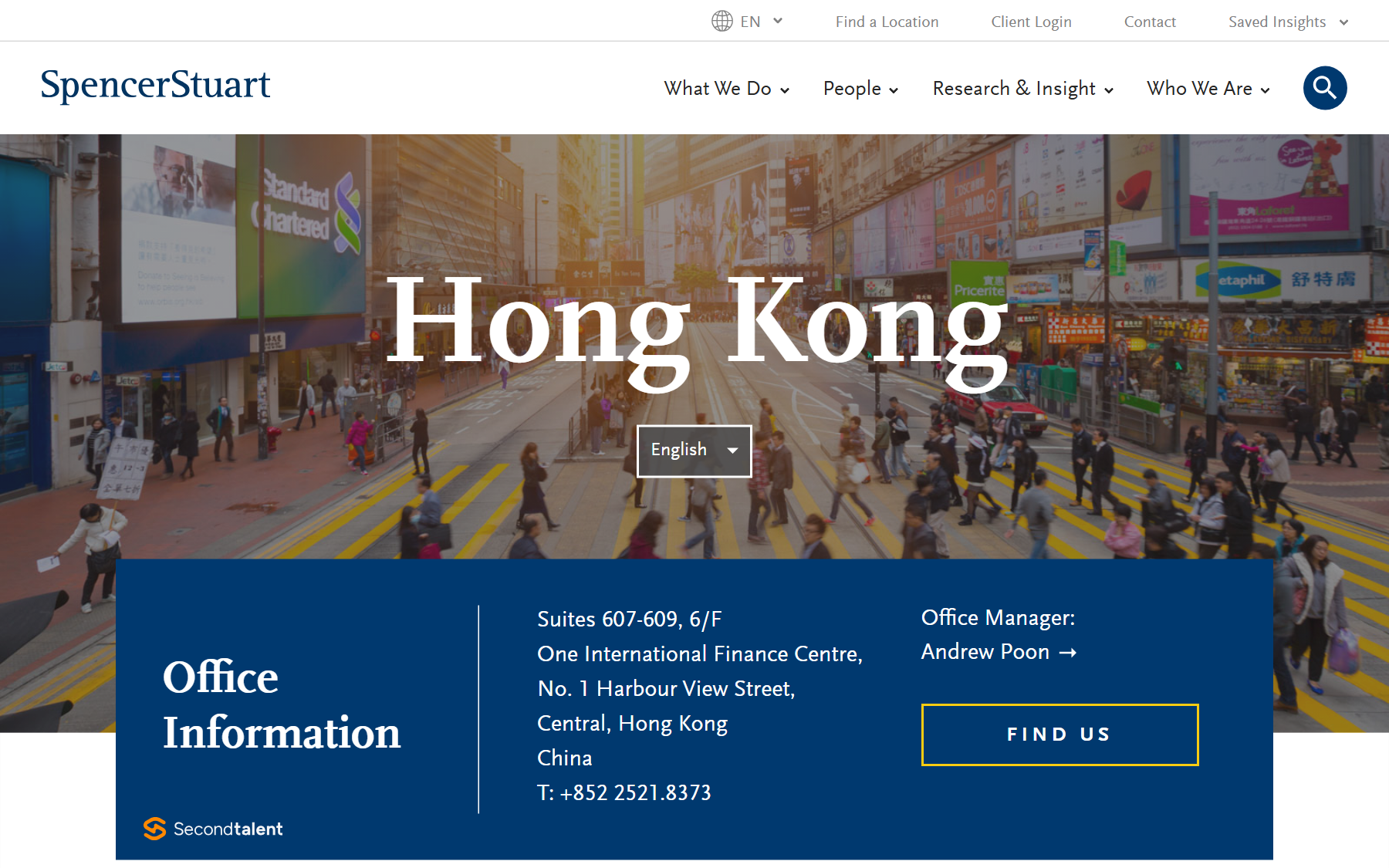 Spencer Stuart's Hong Kong office page, at One International Finance Centre in Central.