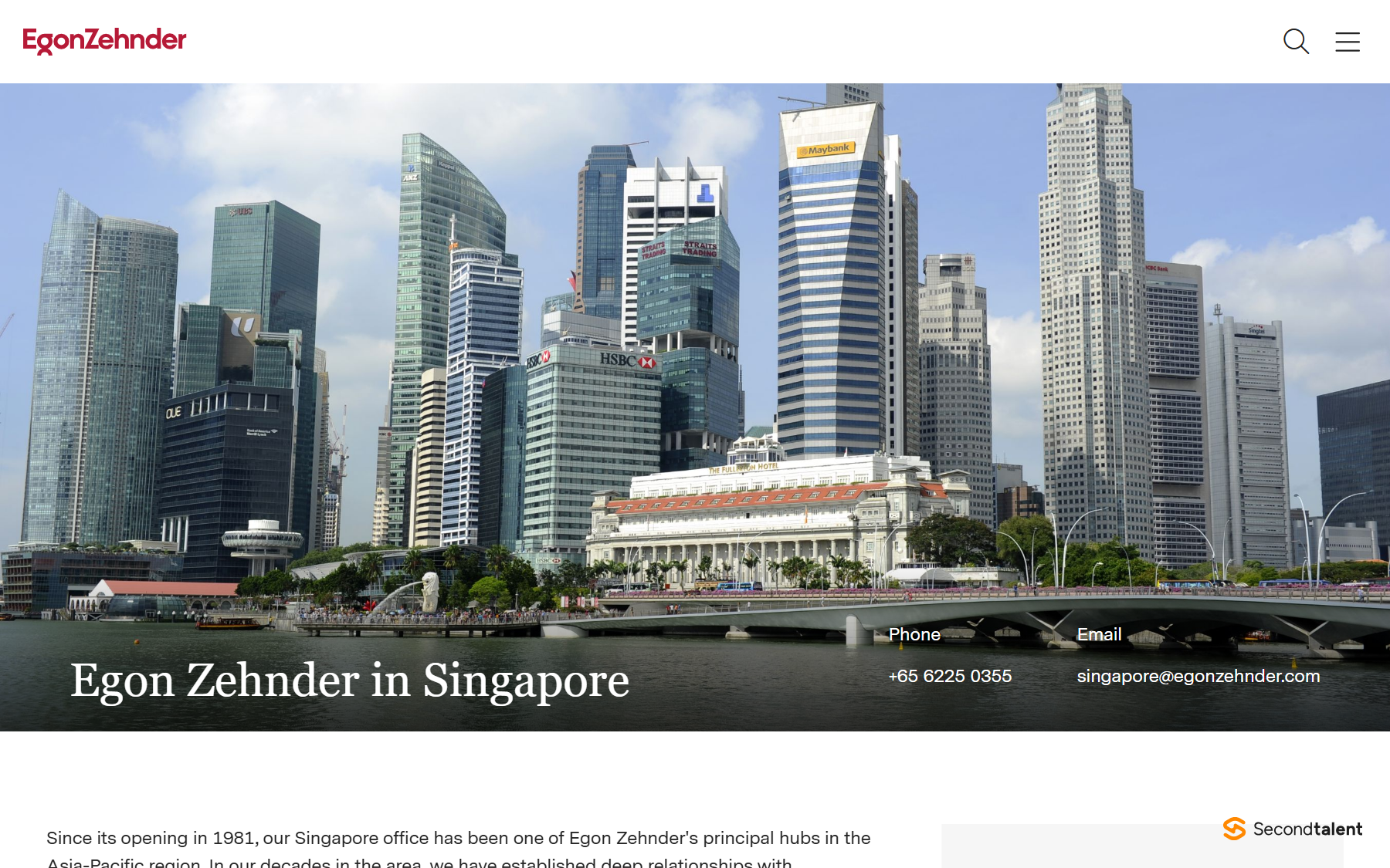 Egon Zehnder's Singapore office page, open since 1981.