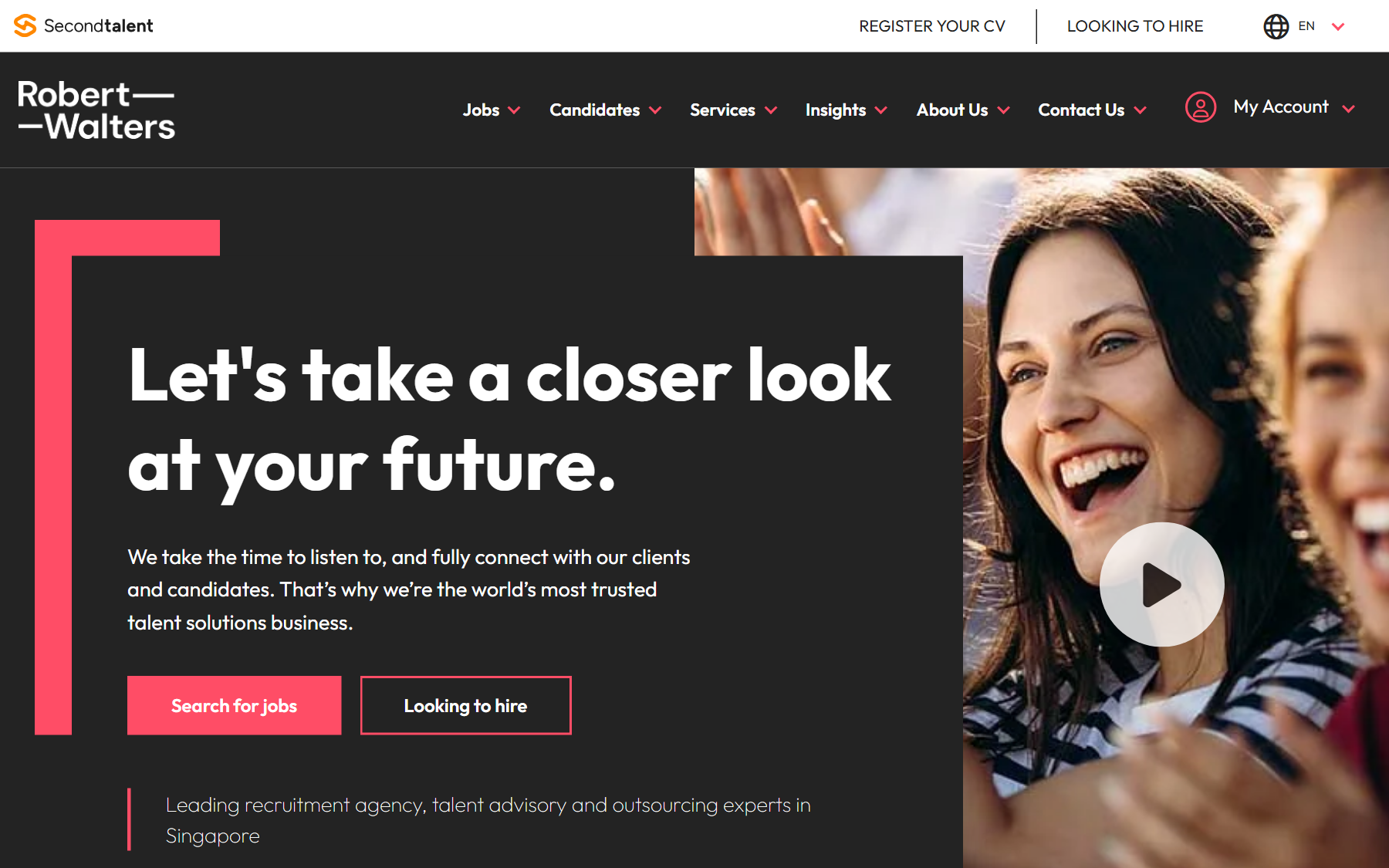 Robert Walters Singapore homepage, a recruitment and talent advisory firm in Singapore since 1998.