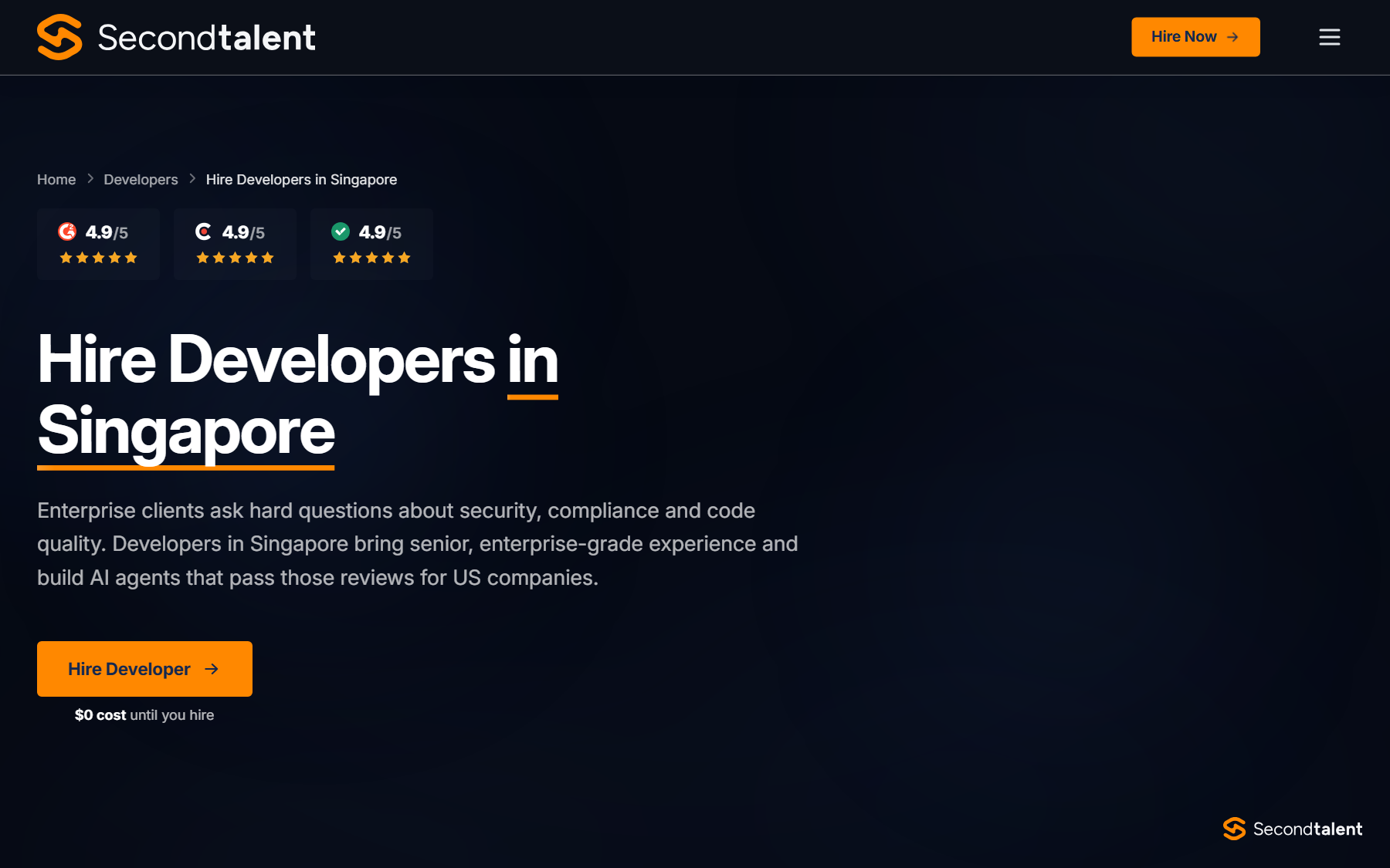 Second Talent's hire developers in Singapore page, with a 24 hour match and no cost until you hire.