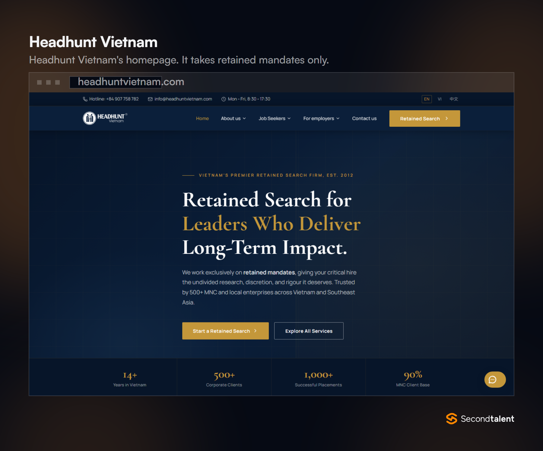 Headhunt Vietnam homepage: retained search only, 500+ corporate clients and a 90% multinational client base.