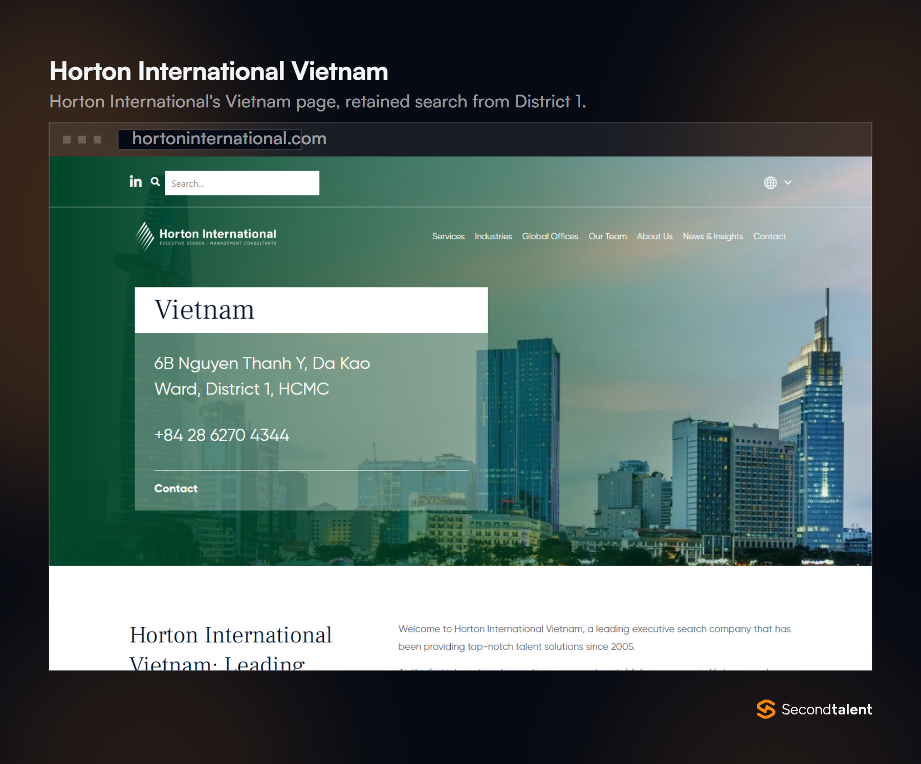 Horton International's Vietnam page with its District 1 office address in Ho Chi Minh City.