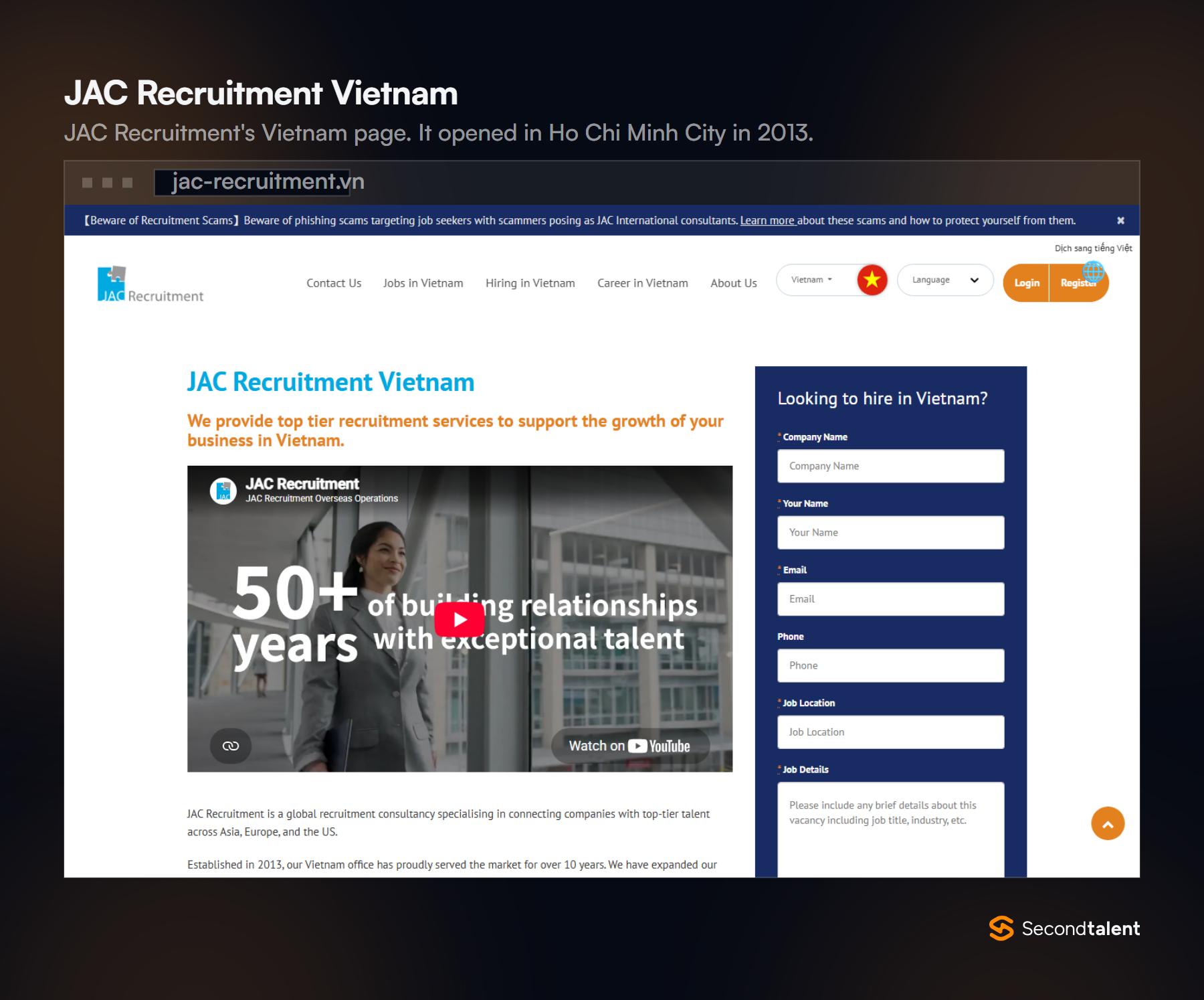 JAC Recruitment Vietnam's about page, established in Ho Chi Minh City in 2013.