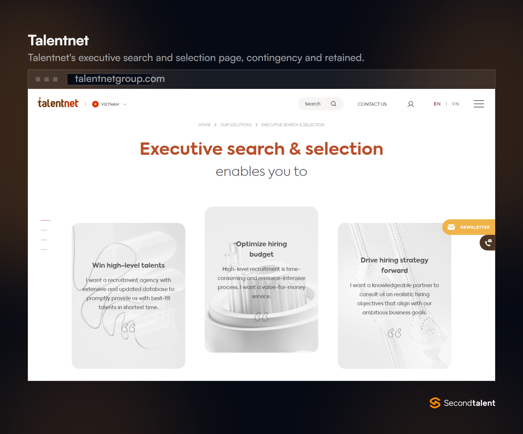 Talentnet's executive search and selection page, covering middle management to C-suite roles.