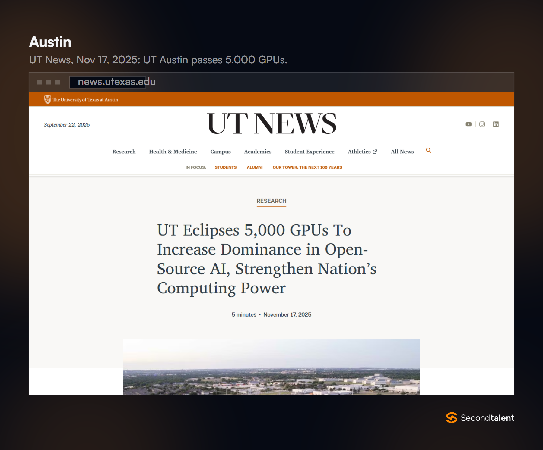 UT News article from November 17, 2025, headlined UT Eclipses 5,000 GPUs To Increase Dominance in Open-Source AI.