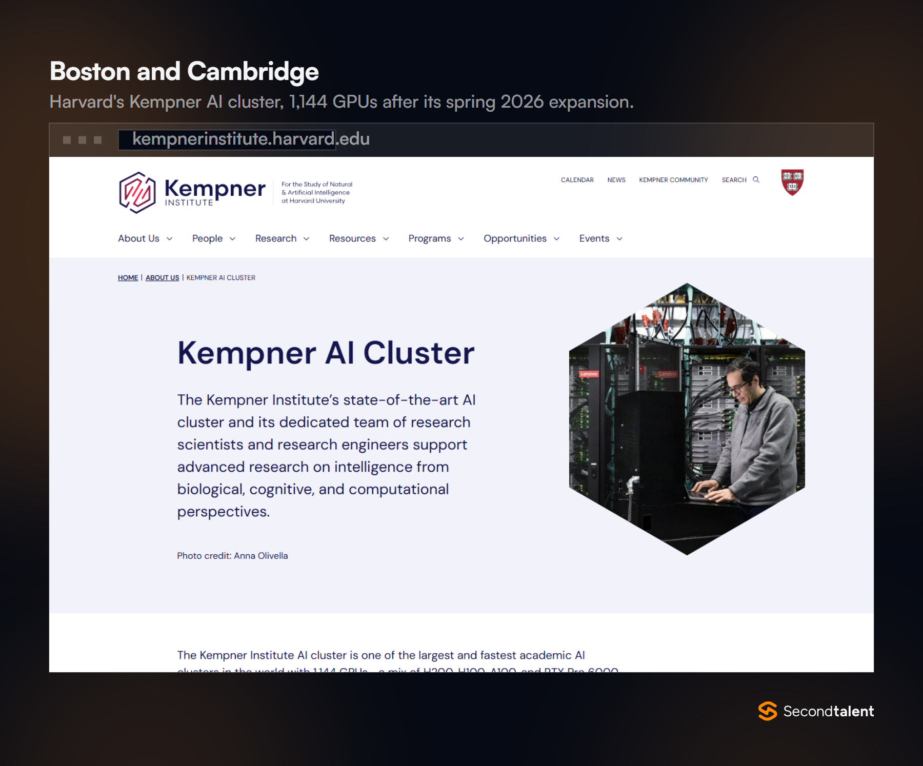 Kempner Institute page for the Kempner AI Cluster at Harvard, with a photo of a researcher at the server racks.