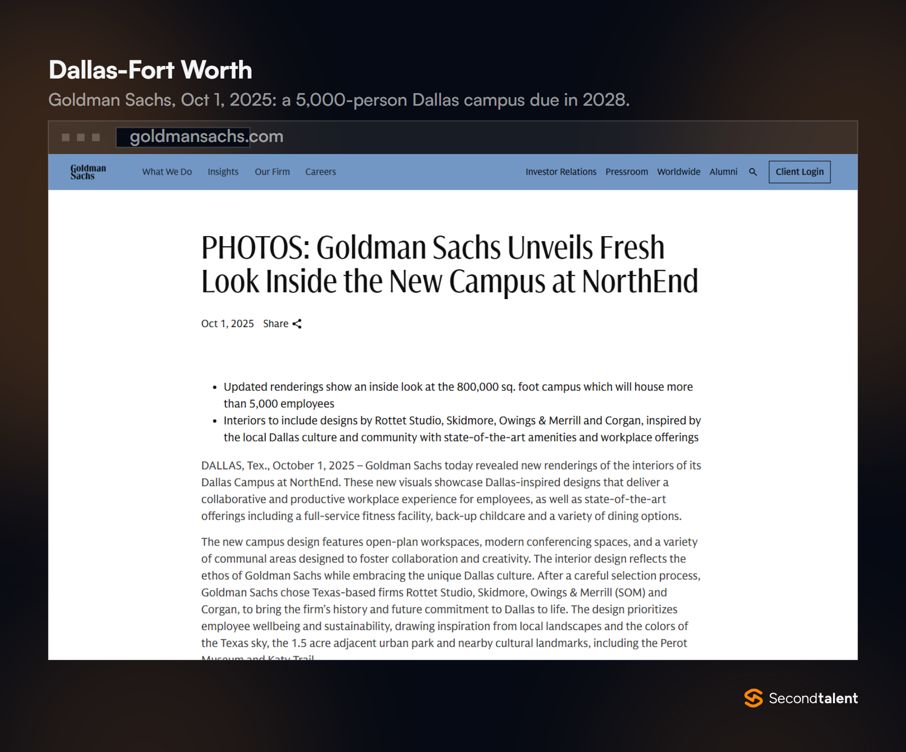 Goldman Sachs press release from October 1, 2025, on its 800,000 square foot Dallas campus for more than 5,000 employees.