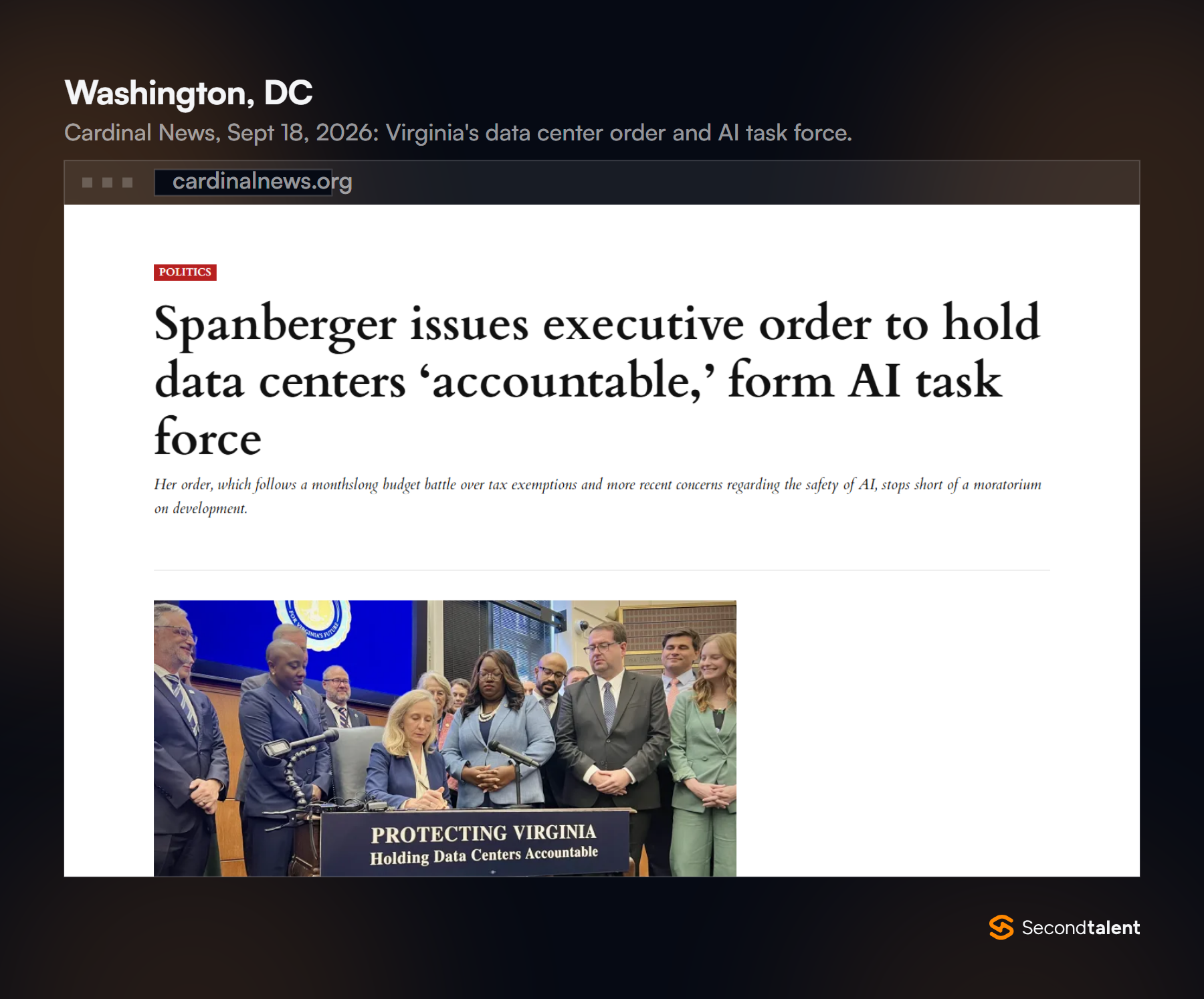 Cardinal News article from September 18, 2026, headlined Spanberger issues executive order to hold data centers accountable, form AI task force.