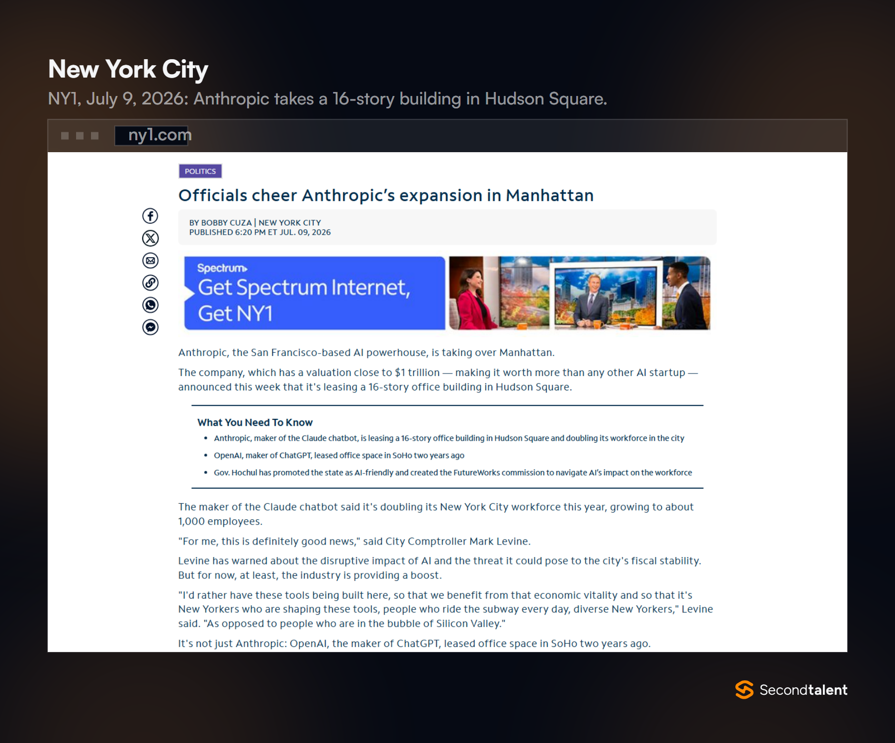 NY1 article from July 9, 2026, headlined Officials cheer Anthropic's expansion in Manhattan, on its 16-story Hudson Square lease.