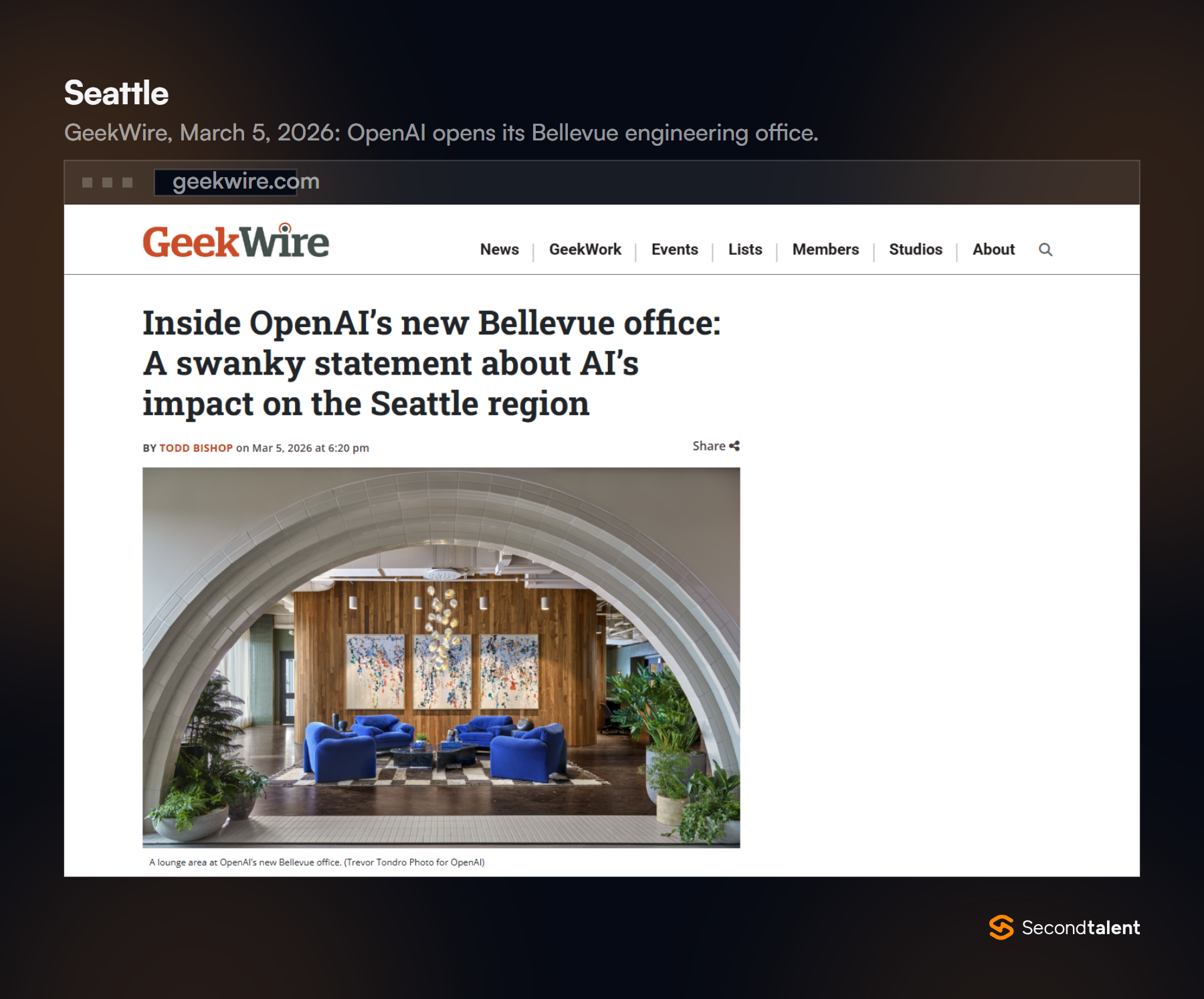 GeekWire article from March 5, 2026, headlined Inside OpenAI's new Bellevue office, with a photo of the office lounge.