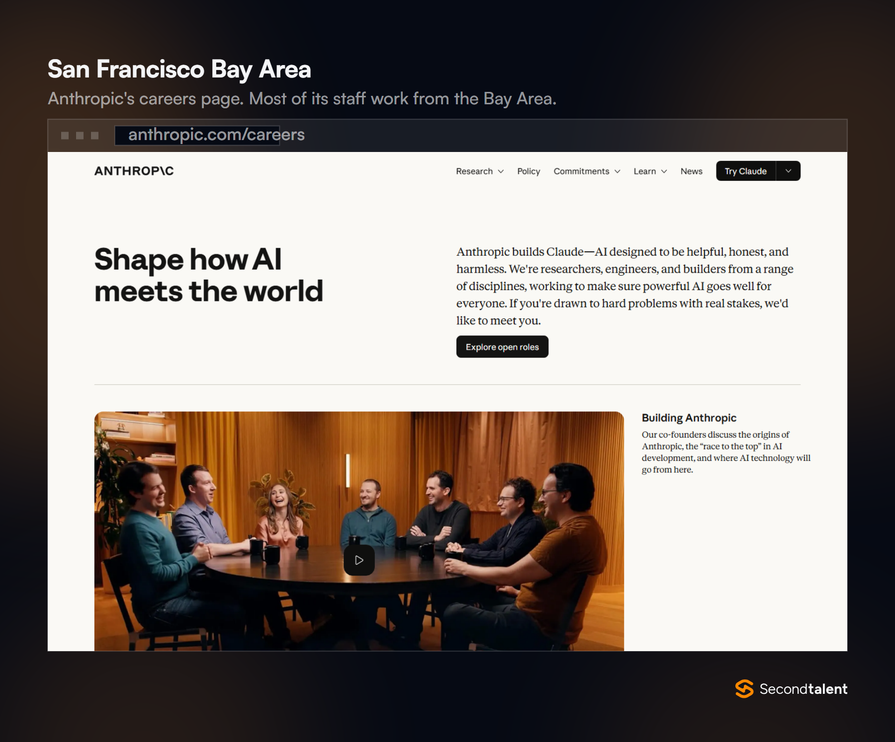 Anthropic careers page headed Shape how AI meets the world, with a button to explore open roles.