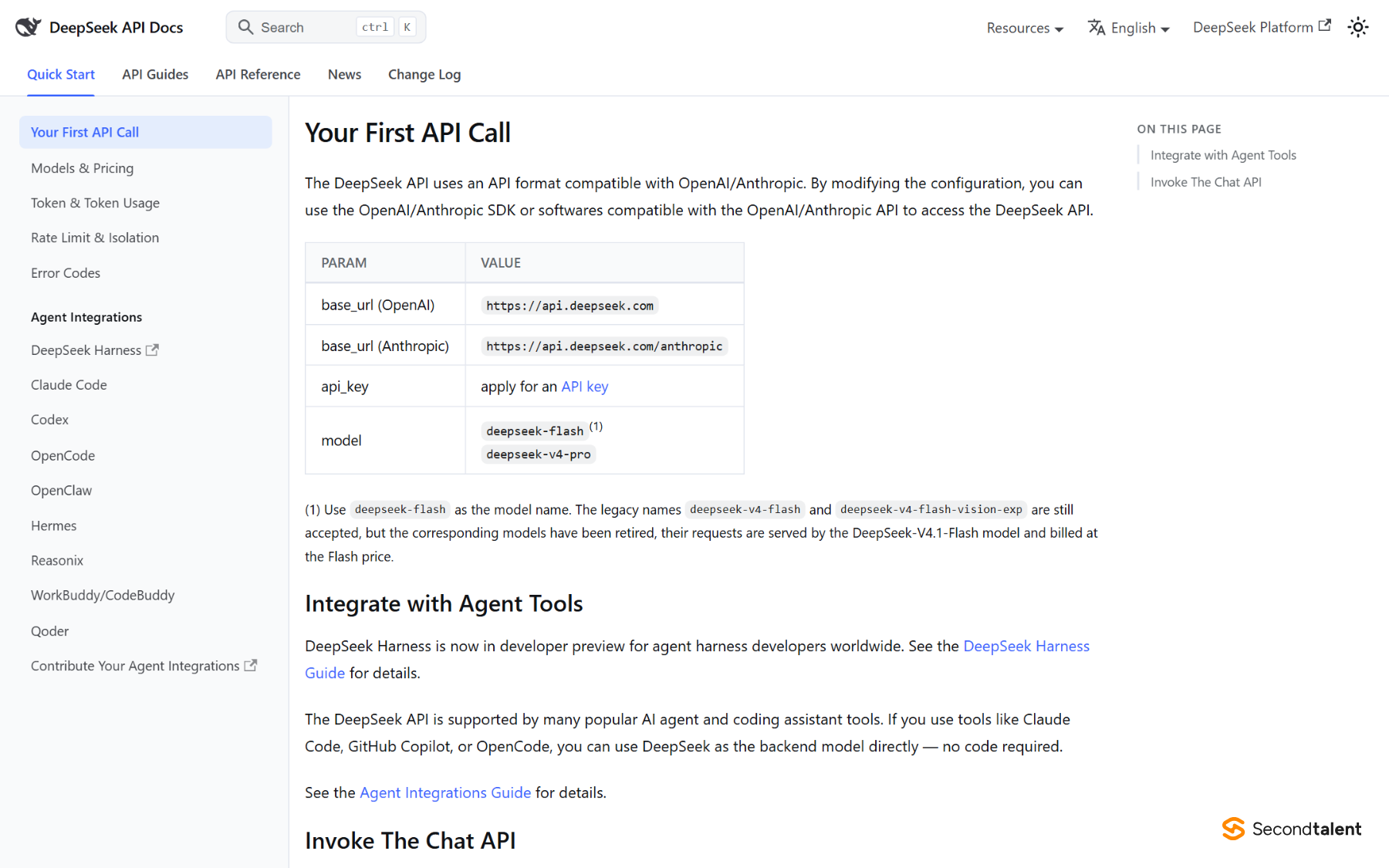 DeepSeek API documentation page showing OpenAI and Anthropic compatible base URLs and integrations with Claude Code, Codex and other coding agents.