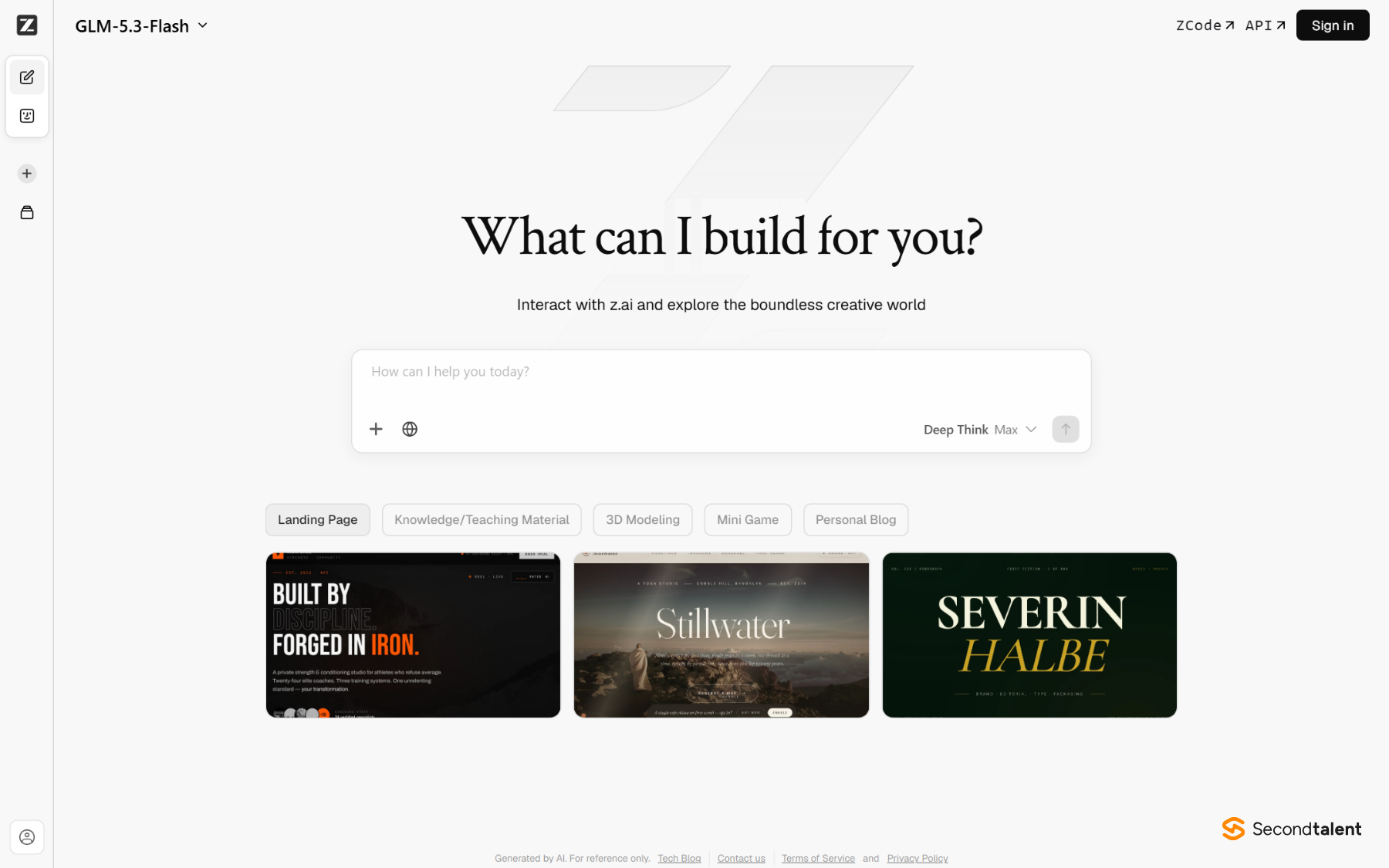Z.ai chat homepage running GLM-5.3-Flash, with landing page, teaching material, 3D modeling and mini game examples.