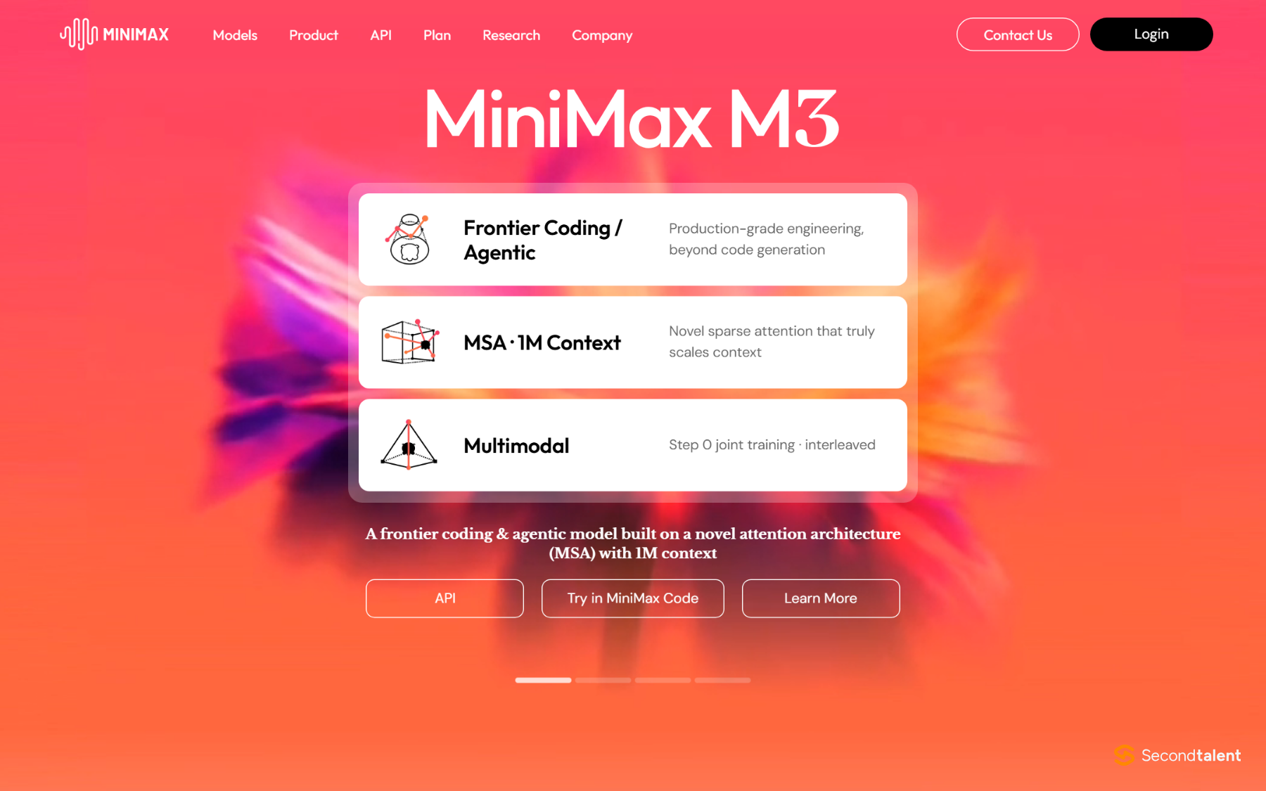 MiniMax M3 homepage listing frontier coding and agentic work, sparse attention with 1 million token context, and multimodal training.
