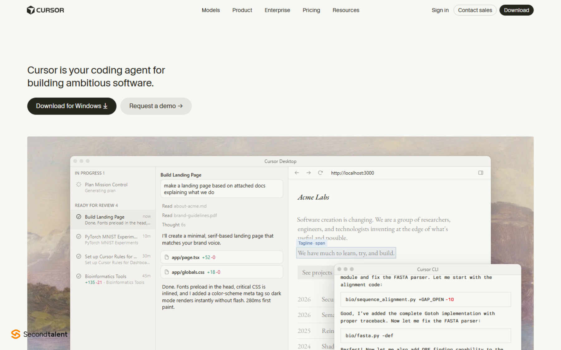 Cursor homepage, the AI code editor that also runs Anthropic's Claude Code extension.