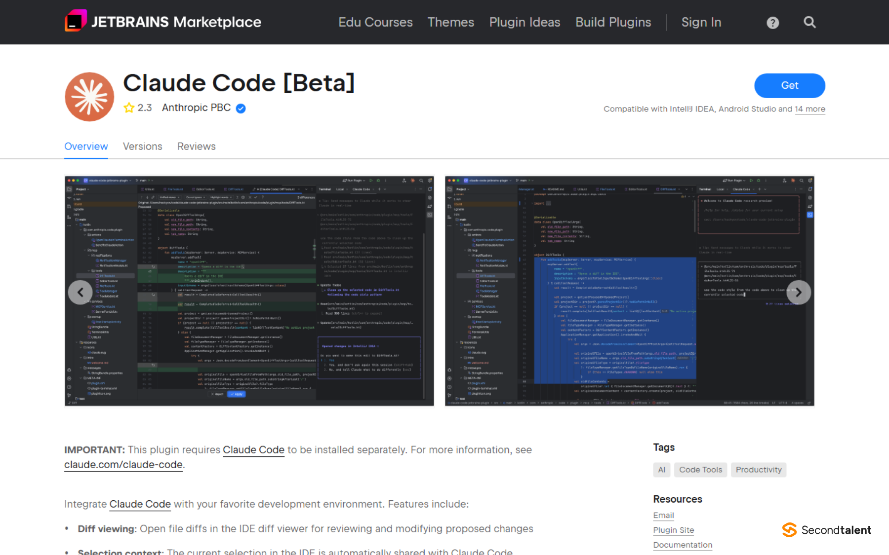 JetBrains Marketplace page for the Claude Code Beta plugin by Anthropic, rated 2.3 and compatible with IntelliJ IDEA, Android Studio and 14 more IDEs.