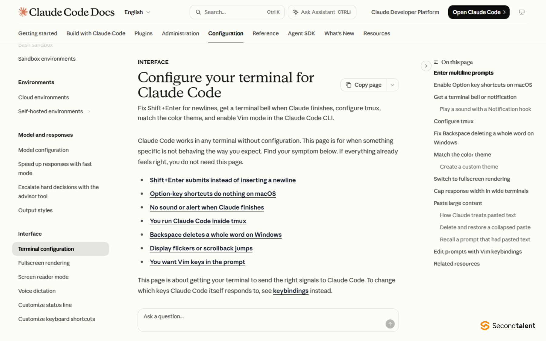 Claude Code documentation page on configuring your terminal.