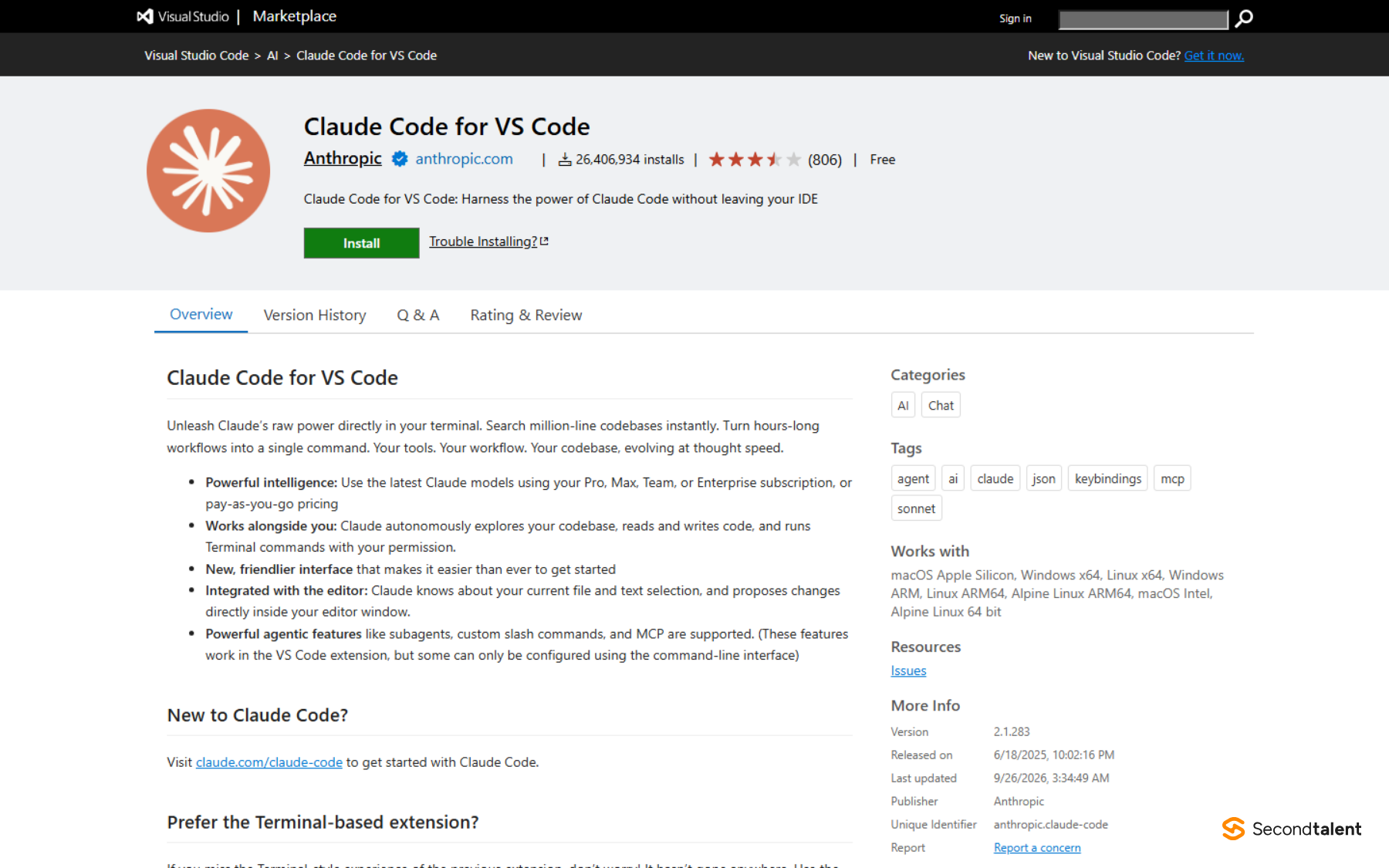 Visual Studio Marketplace page for Claude Code for VS Code by Anthropic, showing 26,406,934 installs and version 2.1.283.