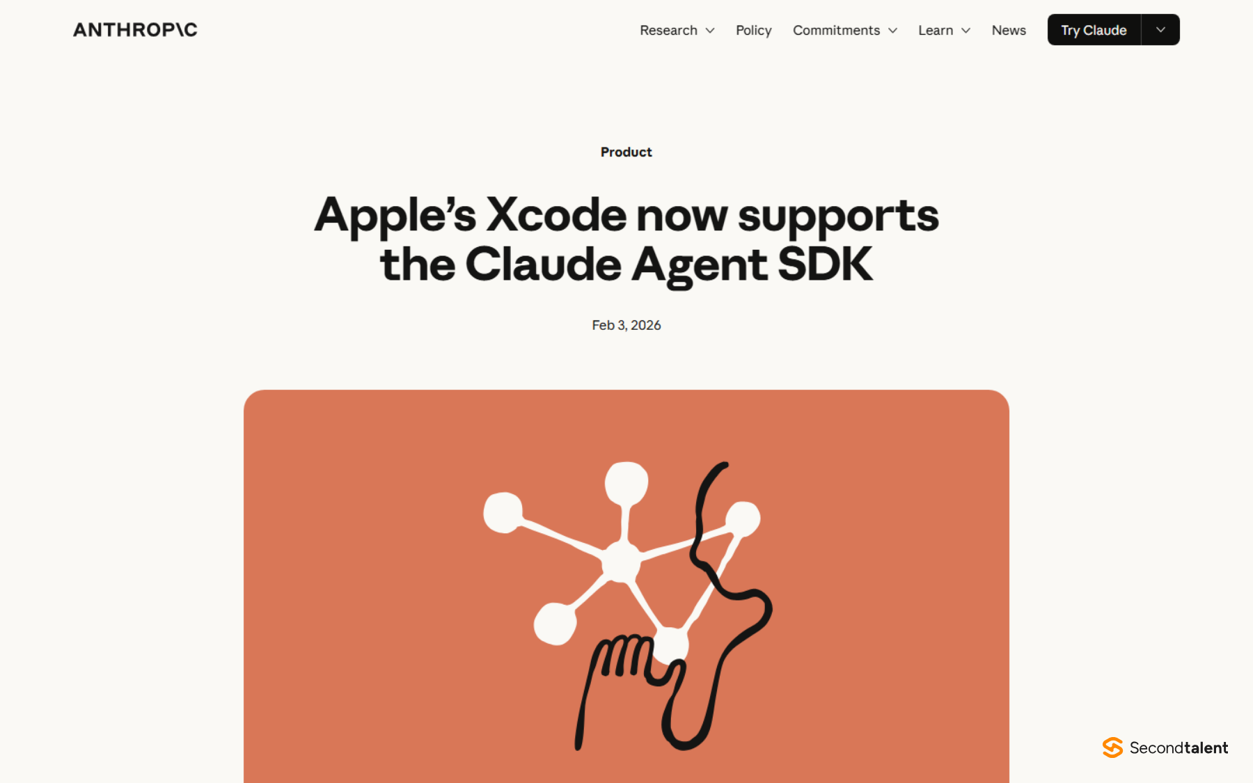 Anthropic news post titled Apple's Xcode now supports the Claude Agent SDK, dated February 3, 2026.