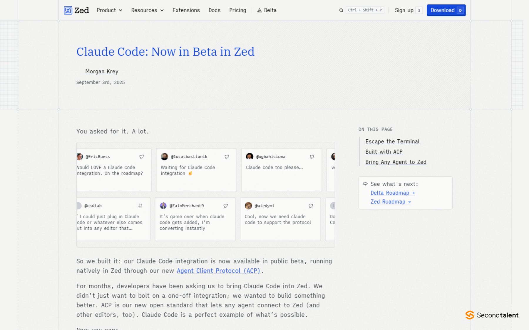 Zed blog post titled Claude Code: Now in Beta in Zed, dated September 3, 2025.