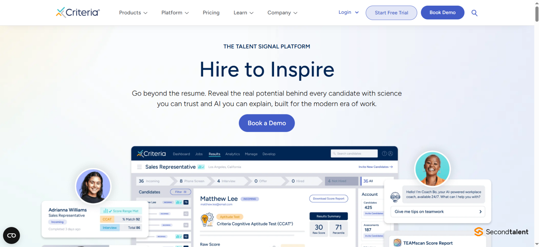 Criteria homepage headed Hire to Inspire, showing a candidate results dashboard with cognitive test scores.