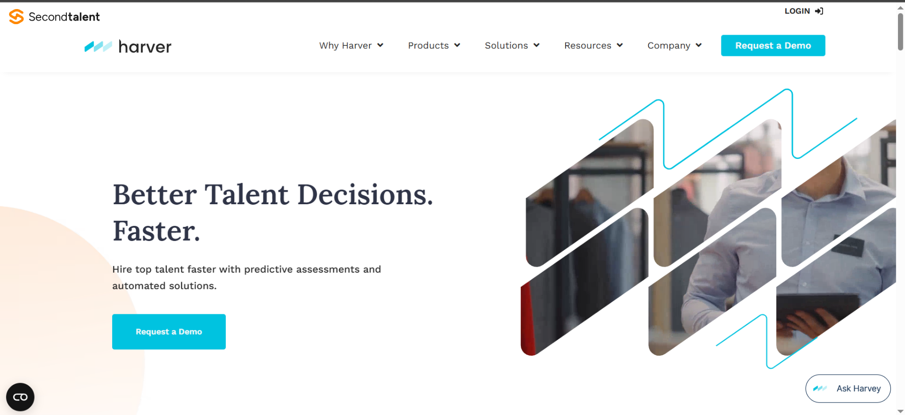 Harver homepage headed Better Talent Decisions. Faster., promoting predictive assessments and automated hiring.