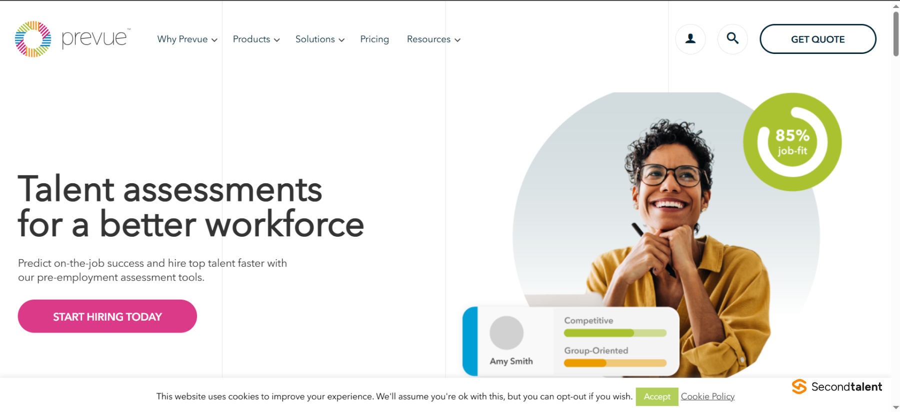 Prevue homepage headed Talent assessments for a better workforce, with an 85% job-fit score badge.