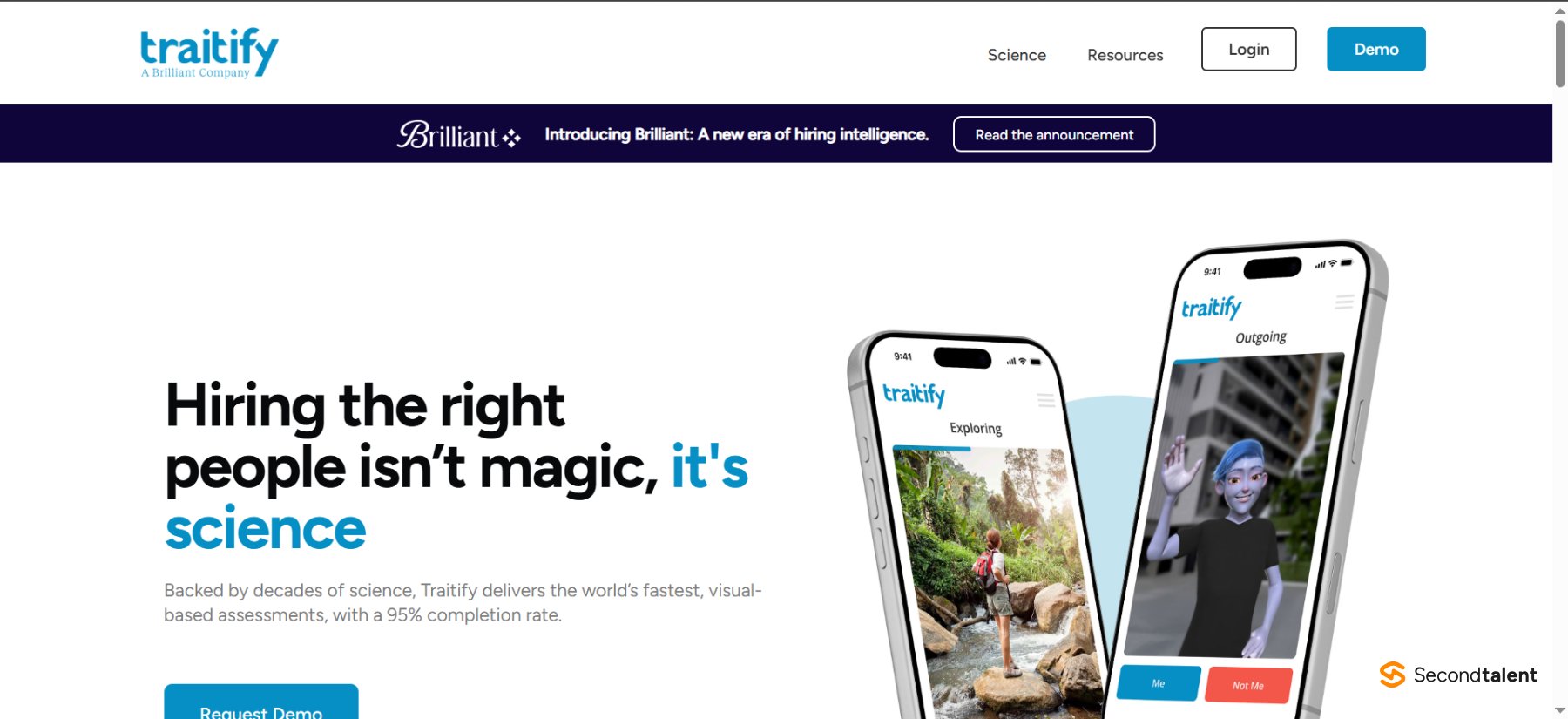 Traitify homepage, now A Brilliant Company, showing image-based personality questions on two phones and a 95% completion rate.