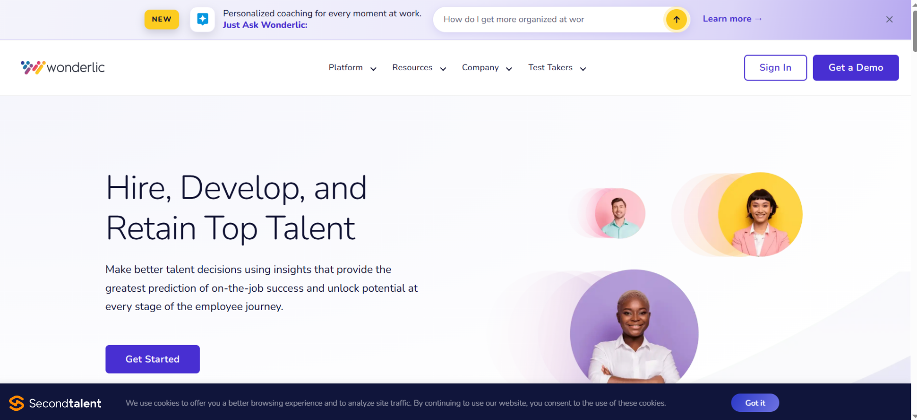 Wonderlic homepage headed Hire, Develop, and Retain Top Talent.