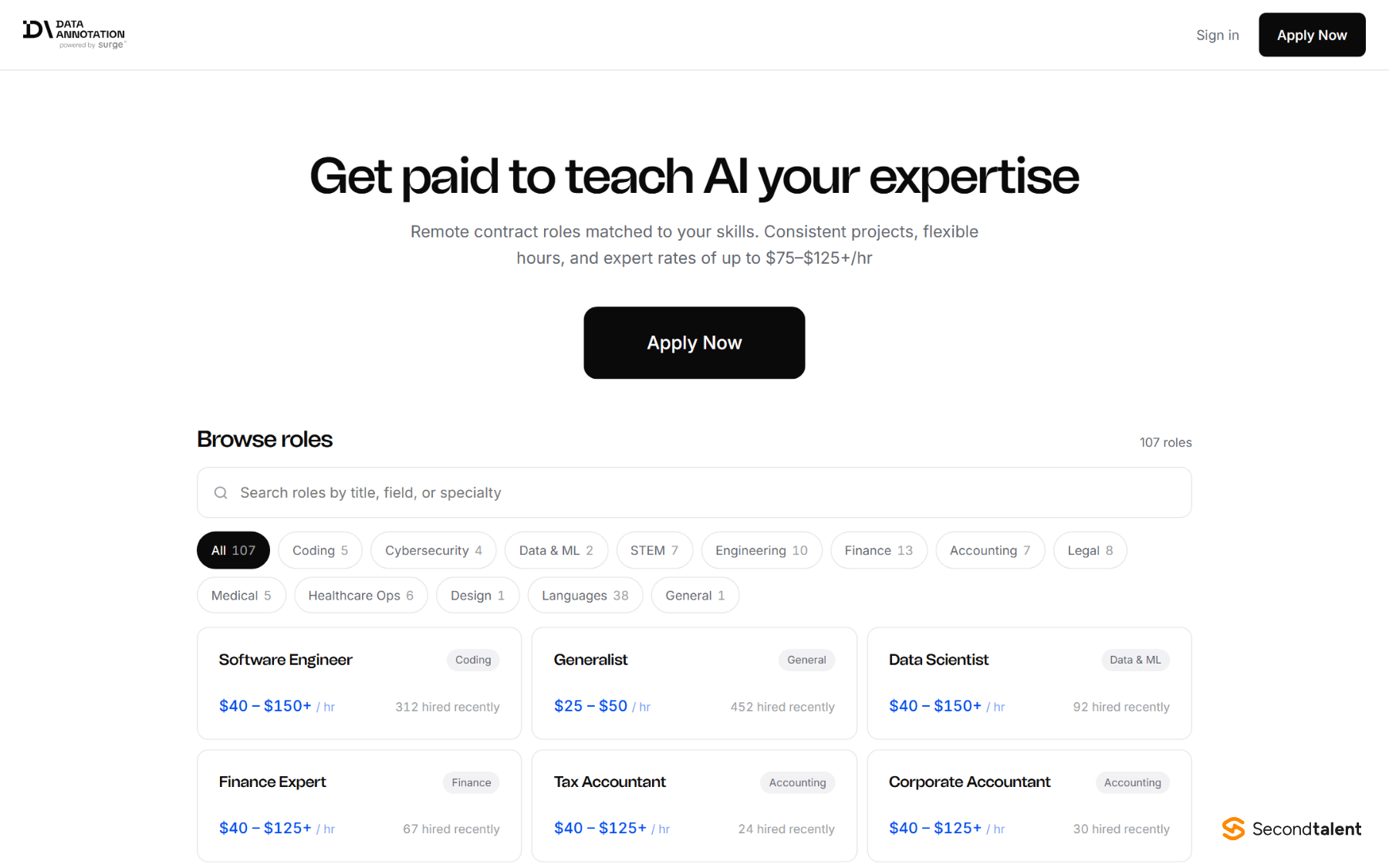 DataAnnotation homepage, powered by Surge, listing 107 roles, October 2026