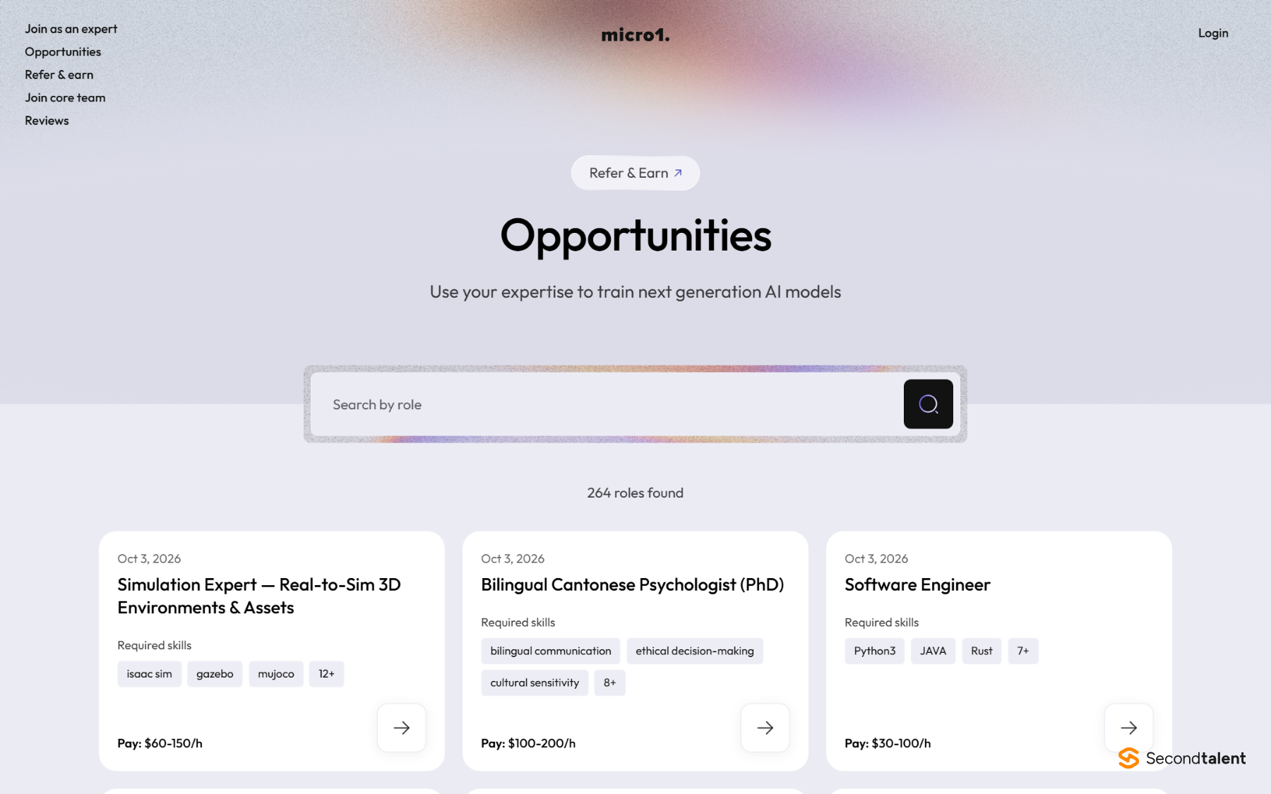 micro1 opportunities page listing remote AI training roles with hourly pay, October 2026