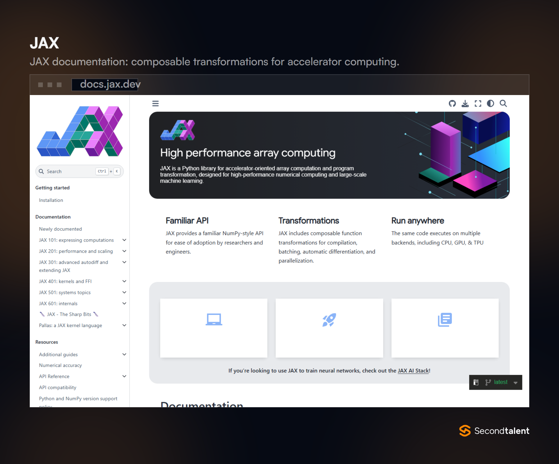 JAX documentation homepage, headed High performance array computing, listing a familiar API, transformations and run anywhere.