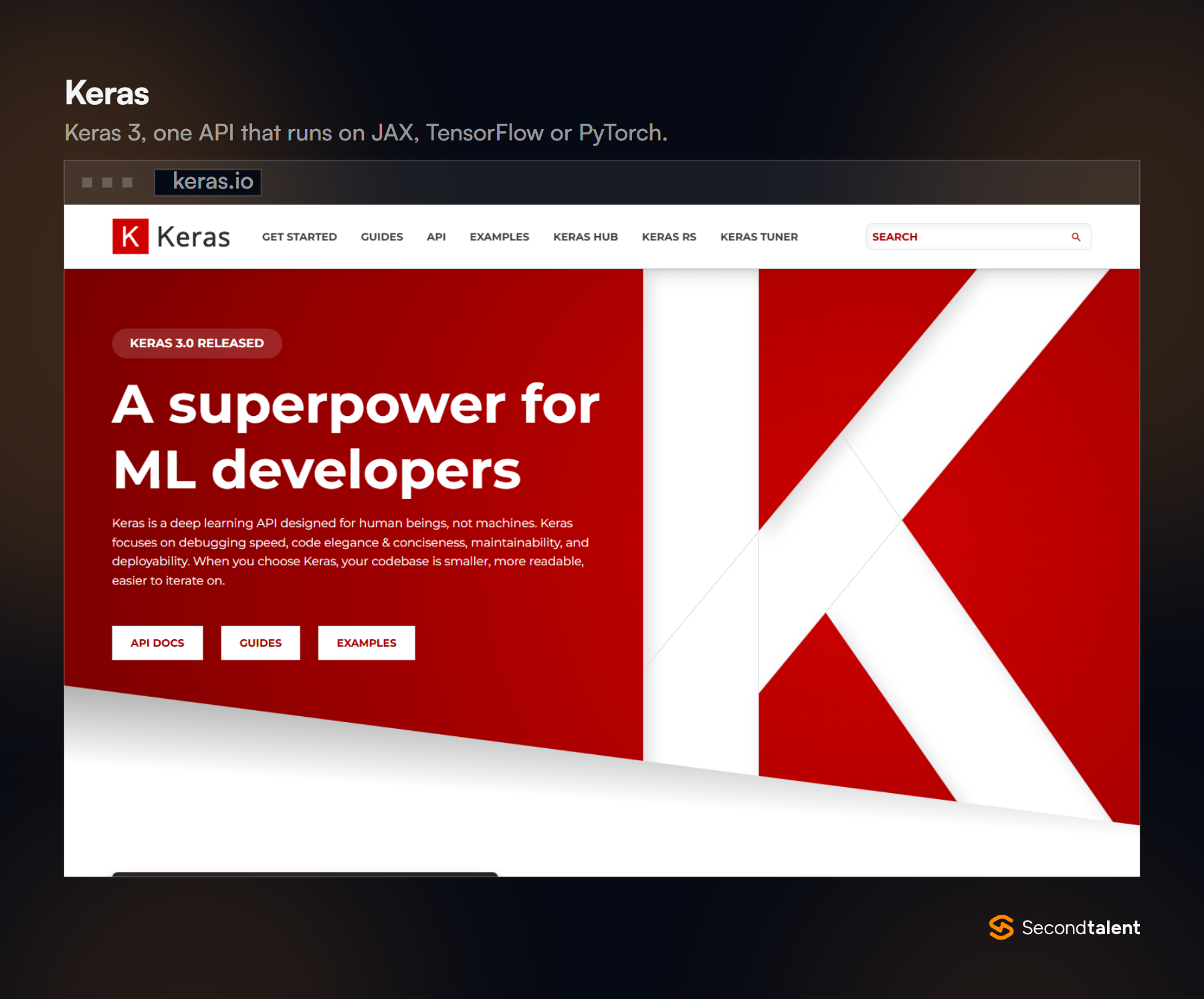 Keras homepage, headed A superpower for ML developers, announcing Keras 3.0.