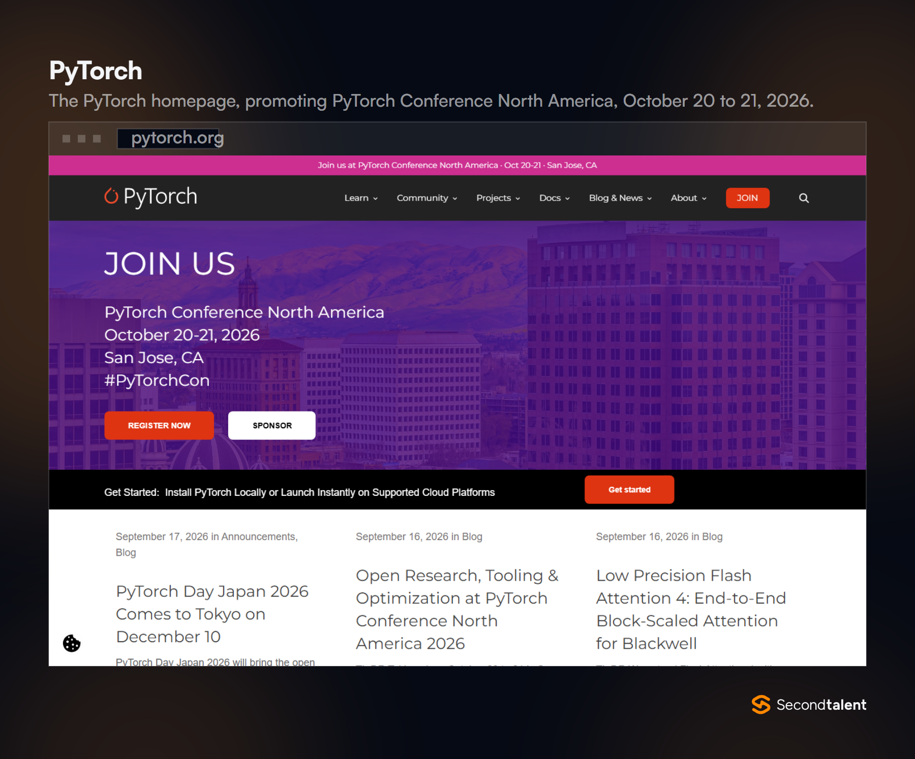 PyTorch homepage promoting PyTorch Conference North America, October 20 to 21, 2026, in San Jose.