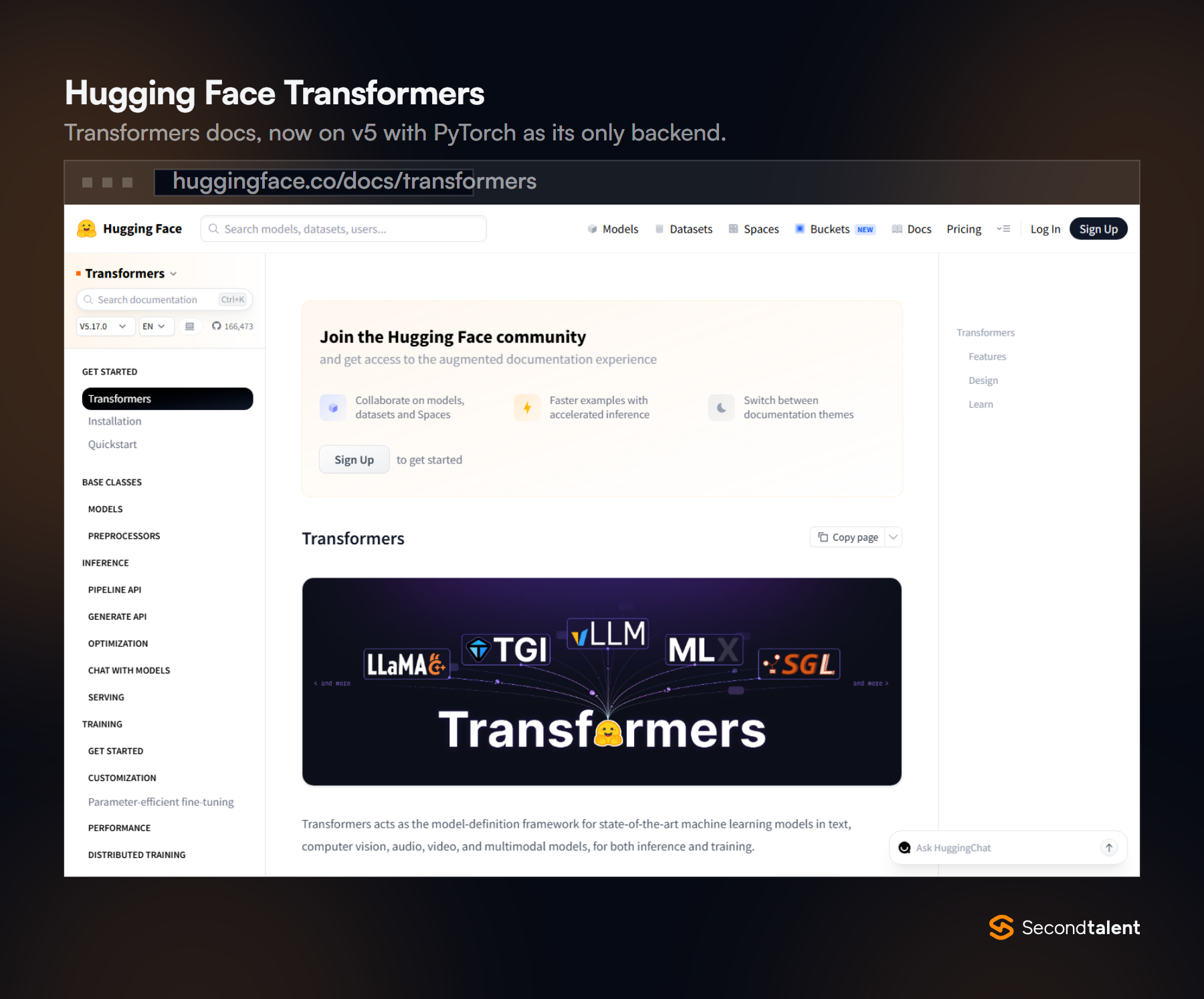 Hugging Face Transformers documentation on version 5.17, describing it as the model-definition framework for machine learning models.