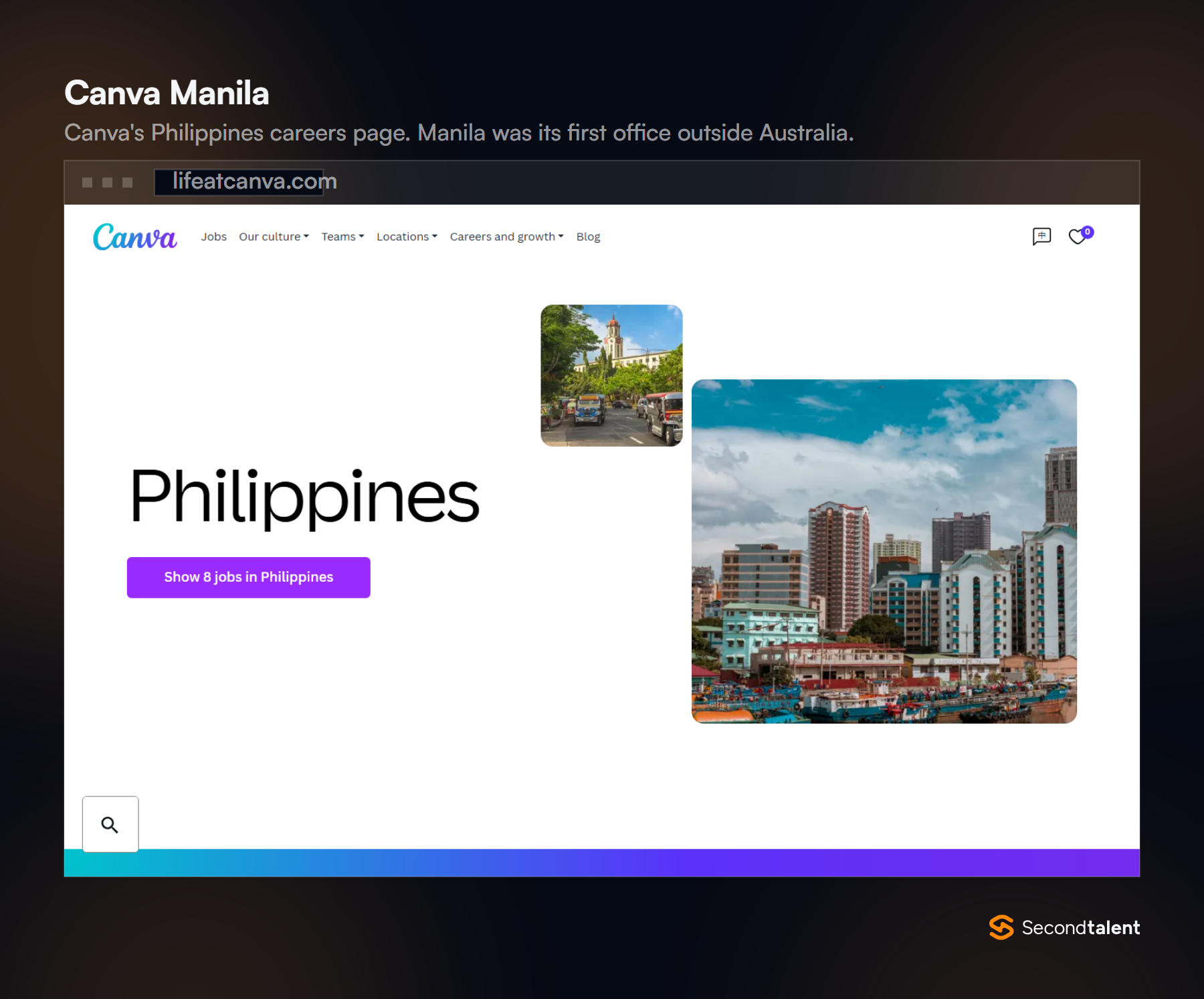 Canva careers page for the Philippines, with a button showing open jobs in the country.
