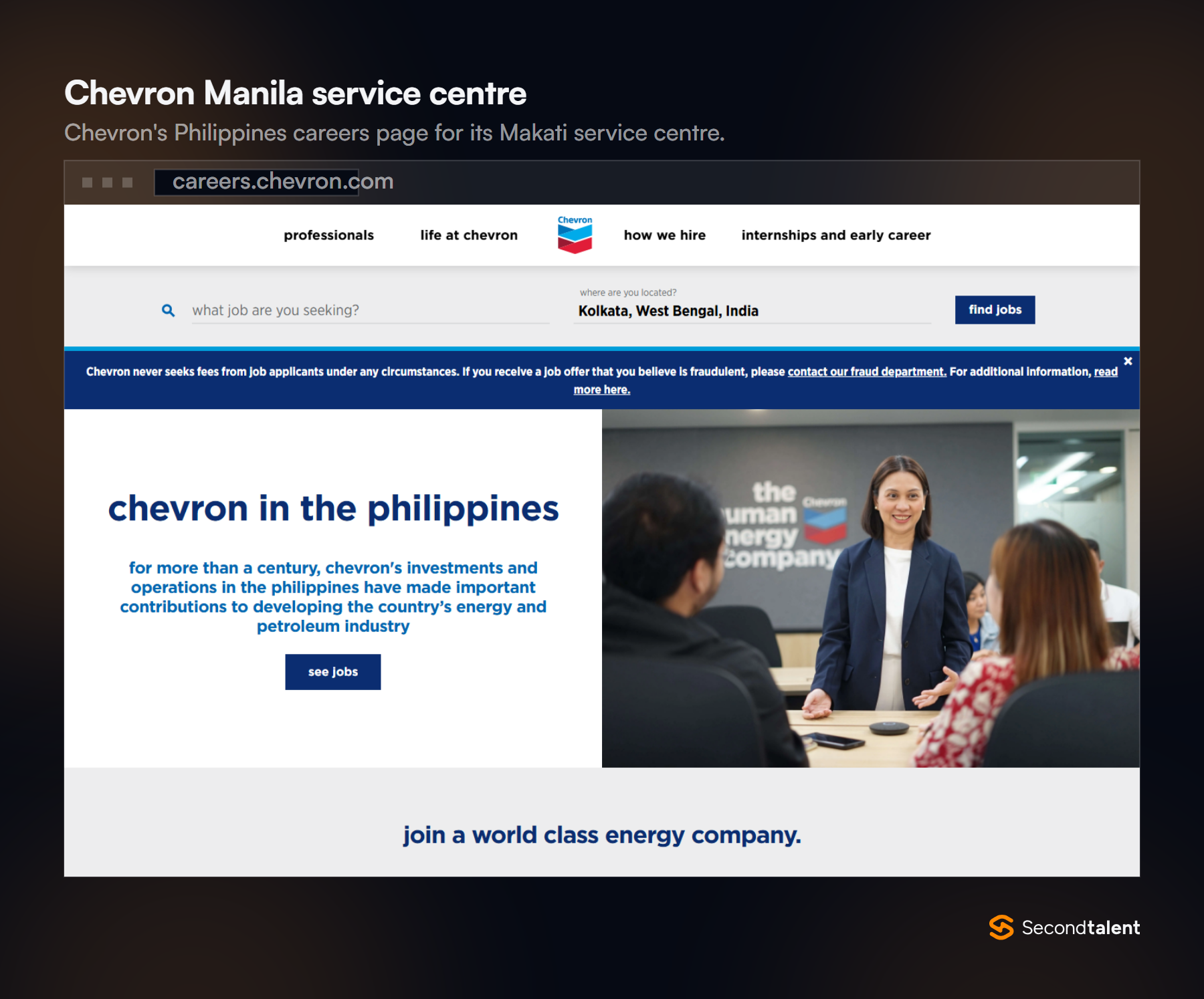 Chevron careers page headed chevron in the philippines, with a see jobs button.