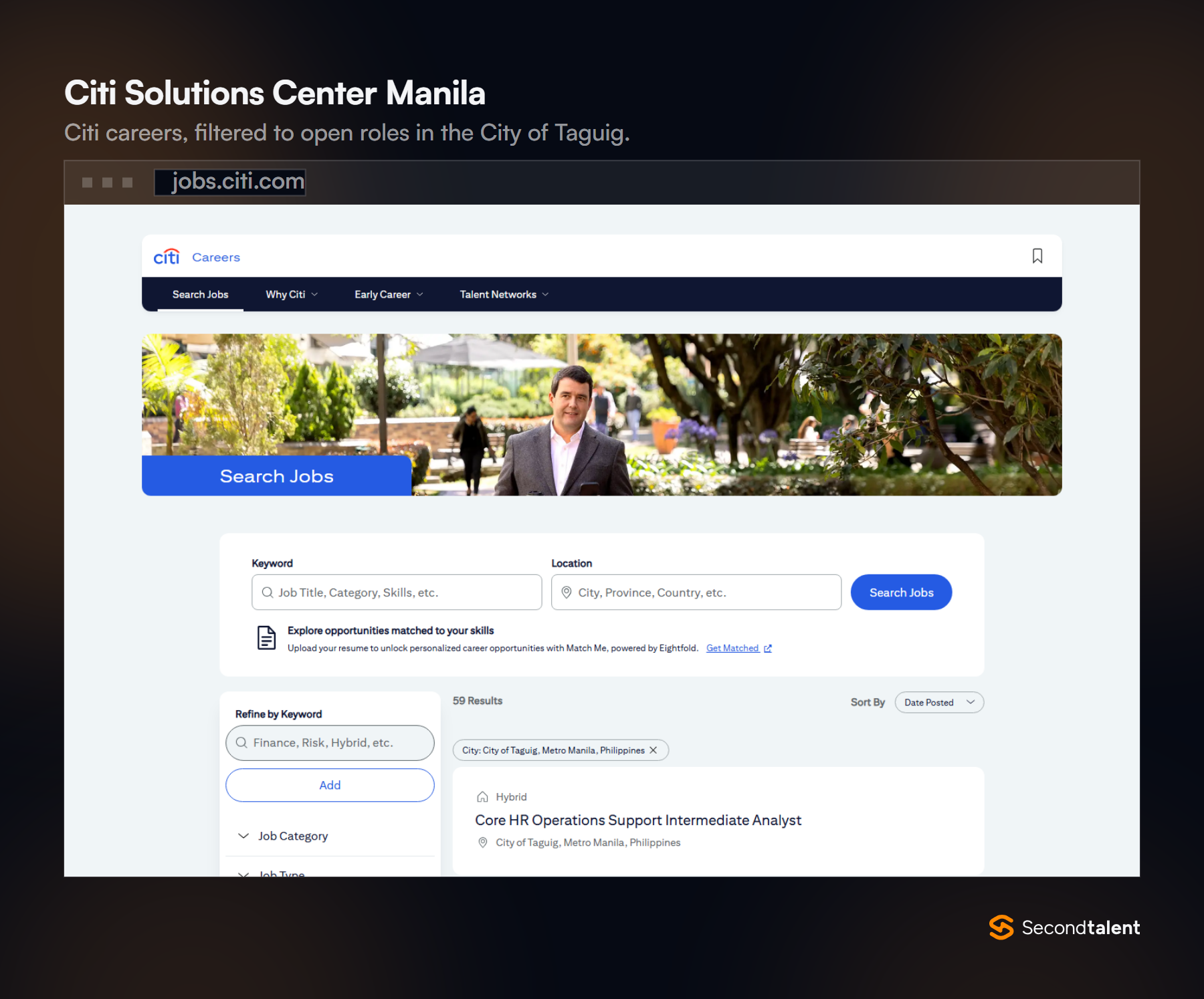 Citi careers search page filtered to open roles in the City of Taguig, Metro Manila.